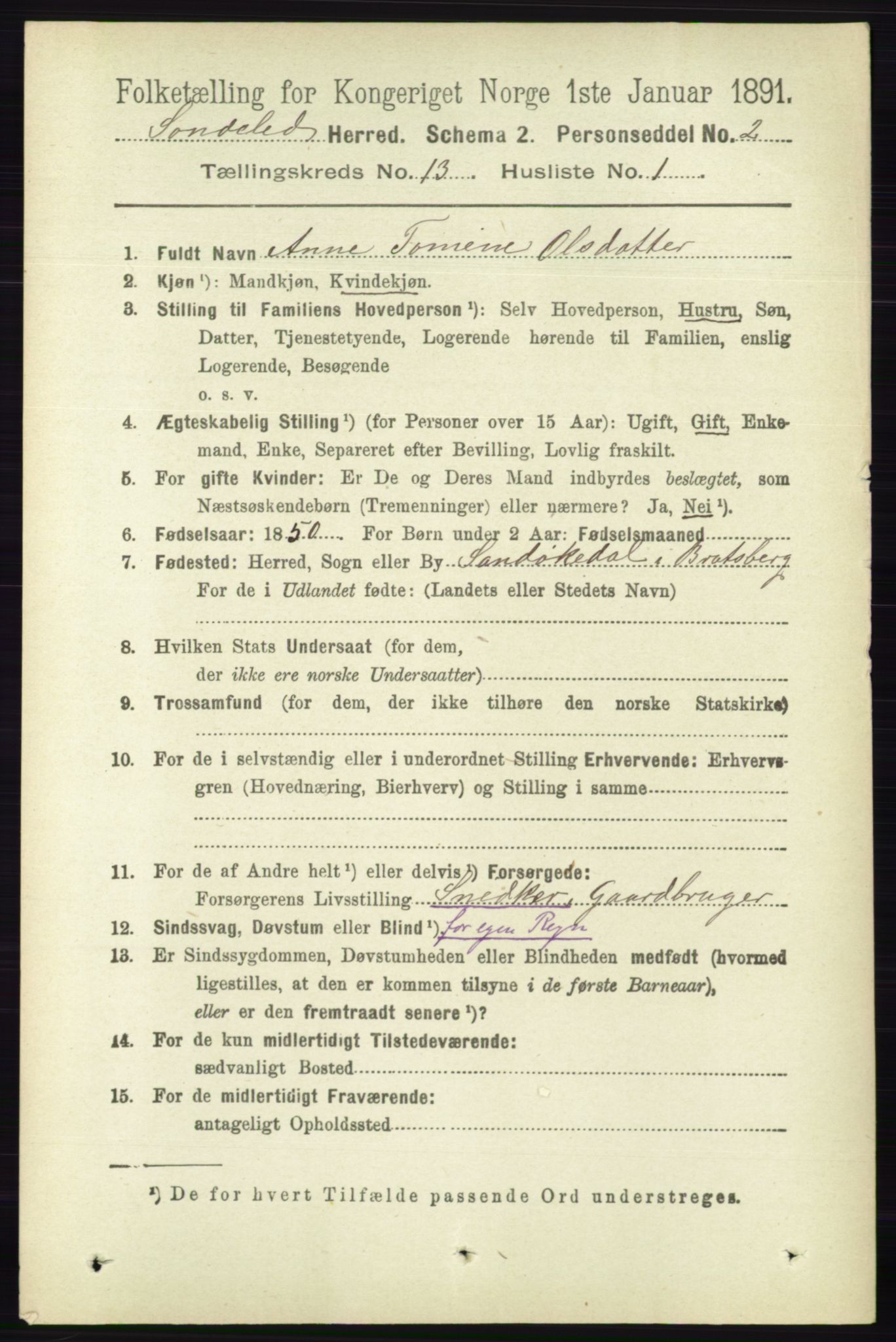 RA, 1891 census for 0913 Søndeled, 1891, p. 3908