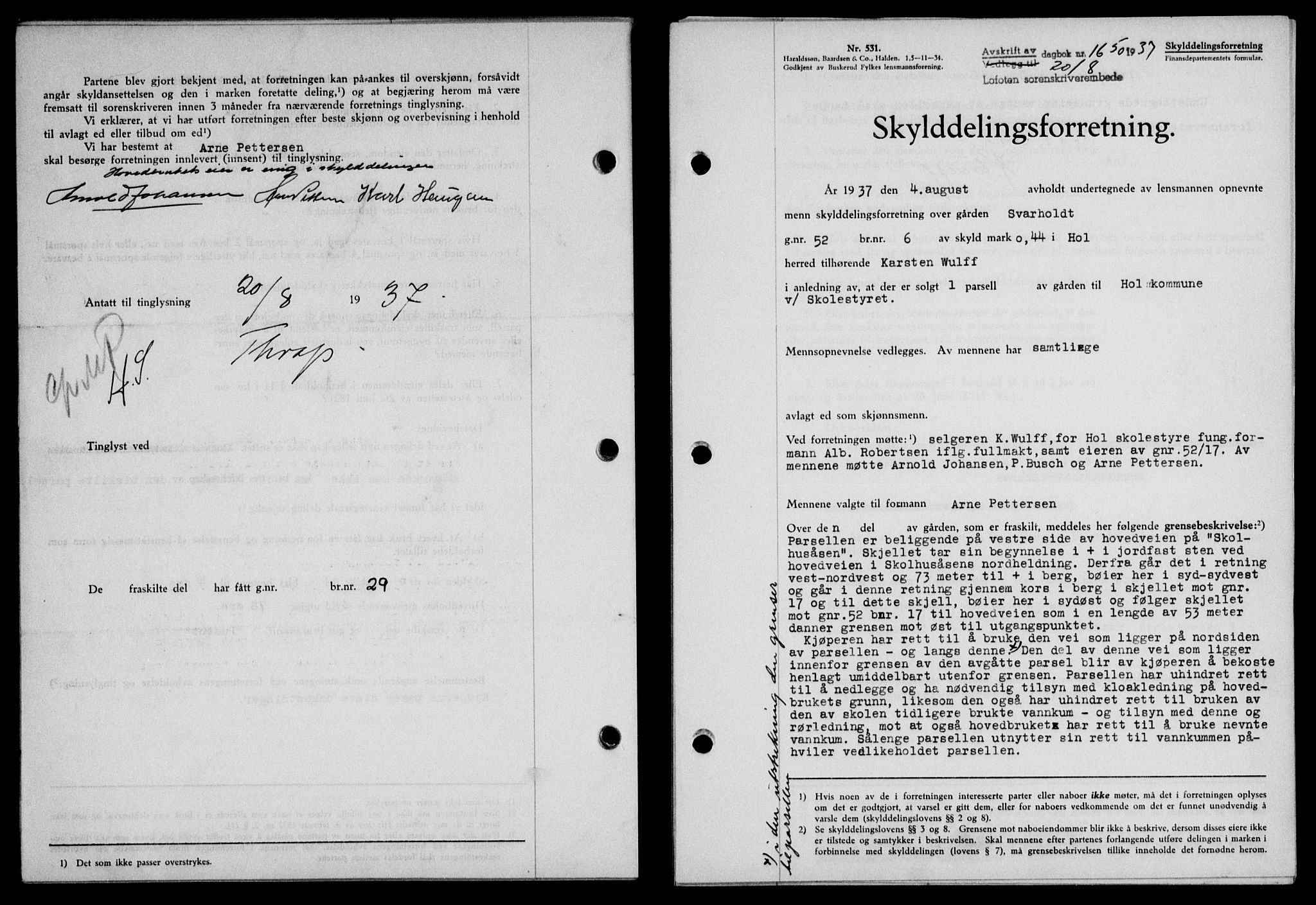 Lofoten sorenskriveri, SAT/A-0017/1/2/2C/L0002a: Mortgage book no. 2a, 1937-1937, Diary no: : 1650/1937