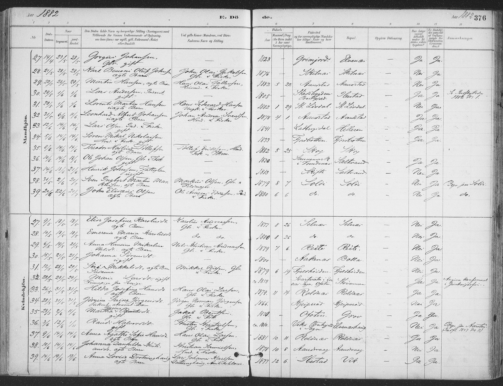 Ibestad sokneprestembete, AV/SATØ-S-0077/H/Ha/Haa/L0011kirke: Parish register (official) no. 11, 1880-1889, p. 376