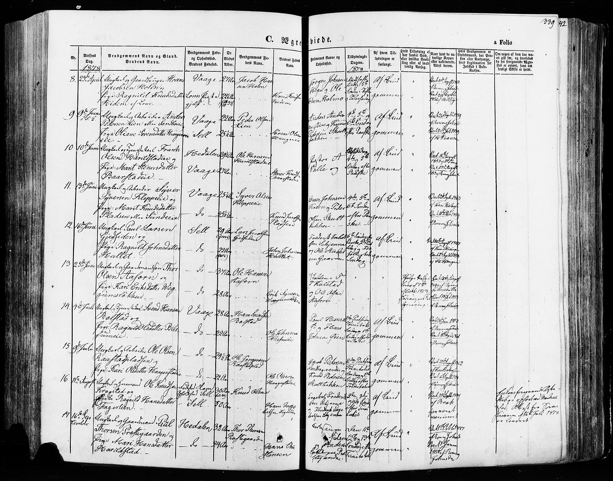 Vågå prestekontor, SAH/PREST-076/H/Ha/Haa/L0007: Parish register (official) no. 7 /1, 1872-1886, p. 339