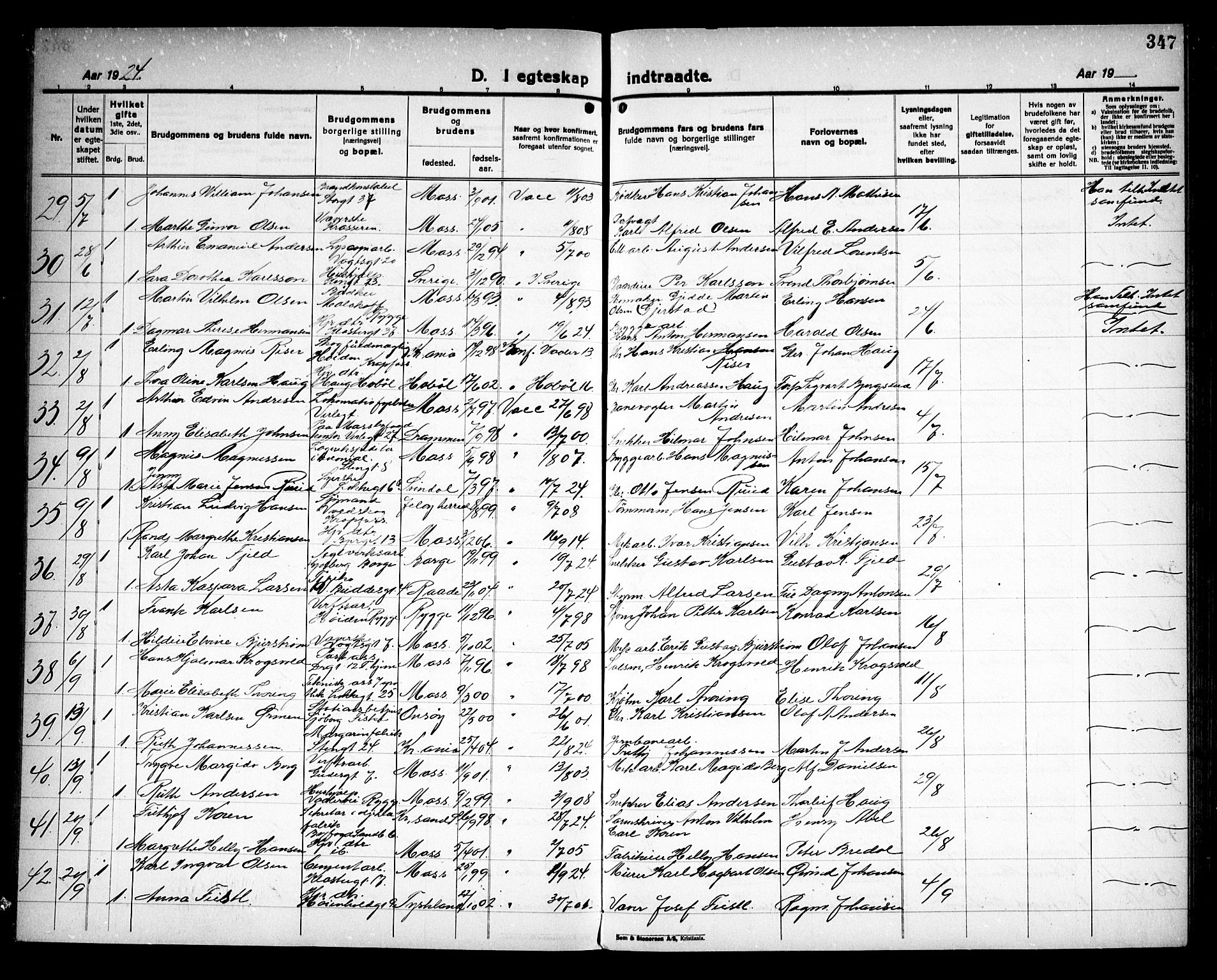 Moss prestekontor Kirkebøker, AV/SAO-A-2003/G/Ga/L0009: Parish register (copy) no. I 9, 1924-1937, p. 347