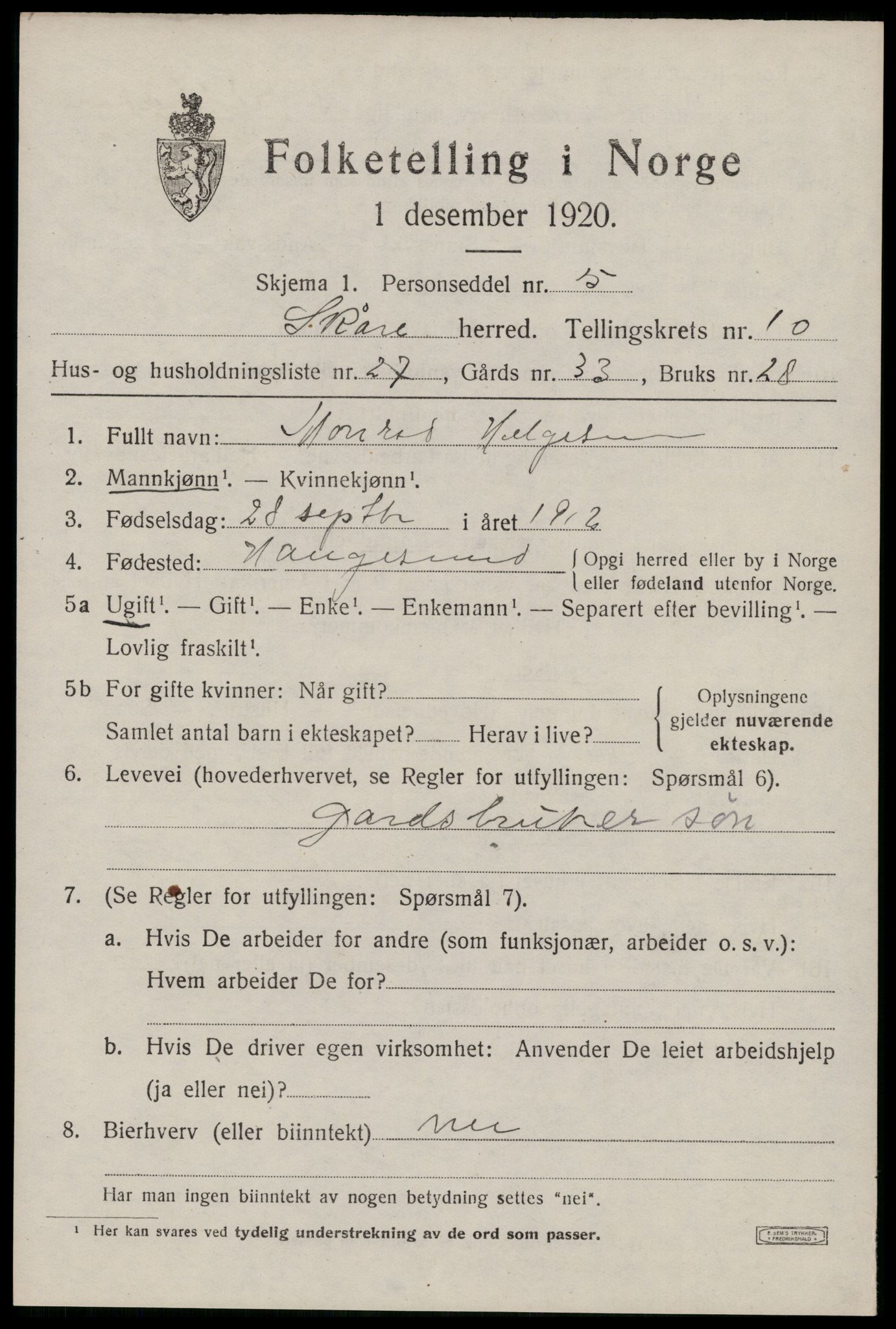 SAST, 1920 census for Skåre, 1920, p. 8206