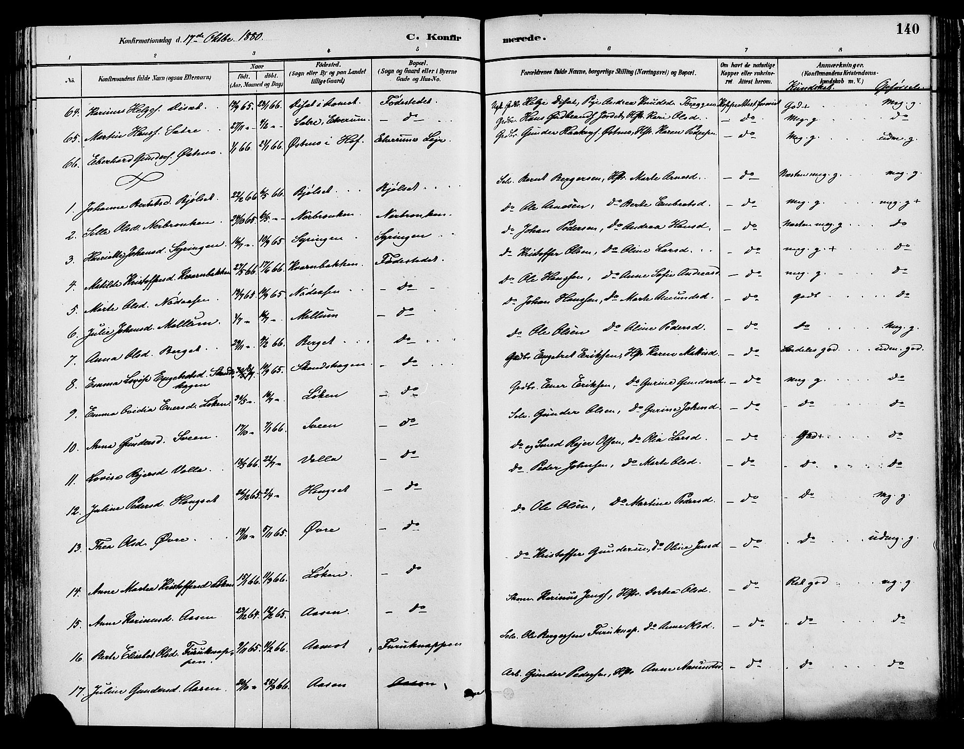 Elverum prestekontor, AV/SAH-PREST-044/H/Ha/Haa/L0013: Parish register (official) no. 13, 1880-1890, p. 140