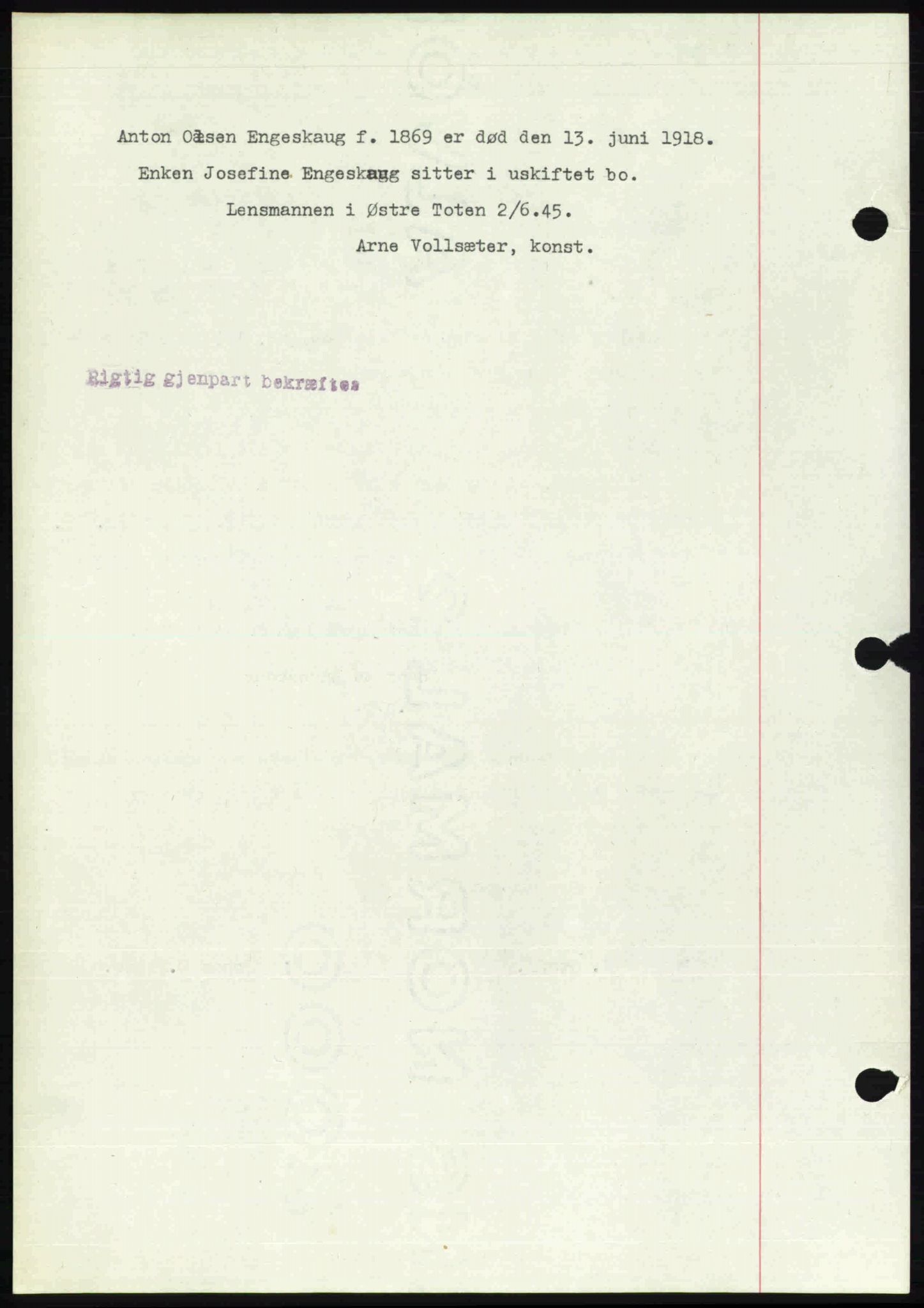 Toten tingrett, SAH/TING-006/H/Hb/Hbc/L0013: Mortgage book no. Hbc-13, 1945-1945, Diary no: : 879/1945