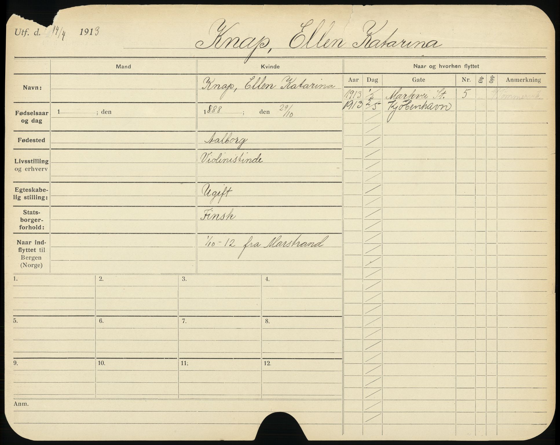 Bergen folkeregister, AV/SAB-A-17201/I/Ia/L0017: Utflyttet 1912 - 1920, Knag - Krova, 1912-1920