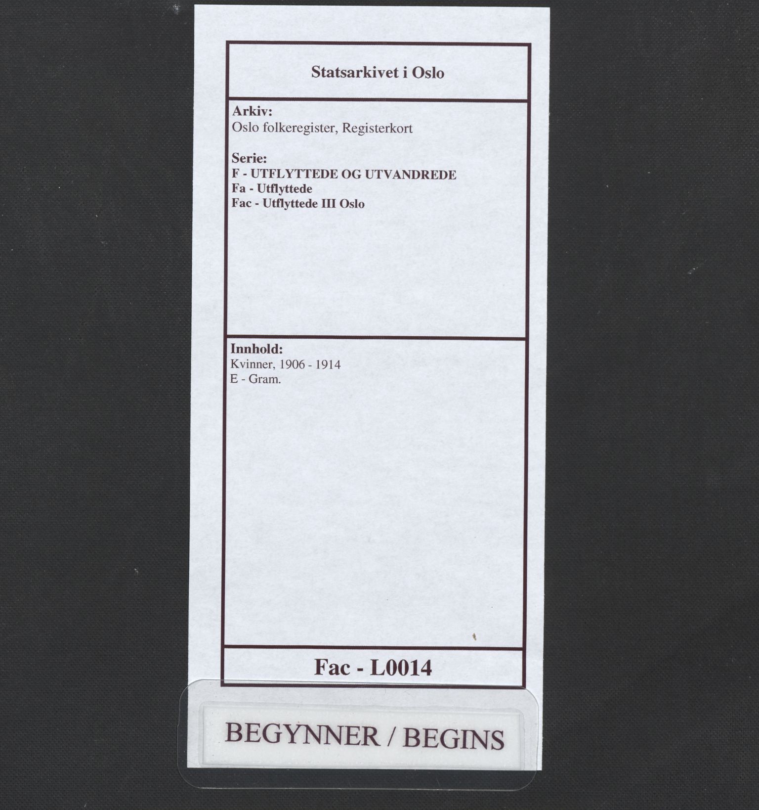 Oslo folkeregister, Registerkort, SAO/A-11715/F/Fa/Fac/L0014: Kvinner, 1906-1914