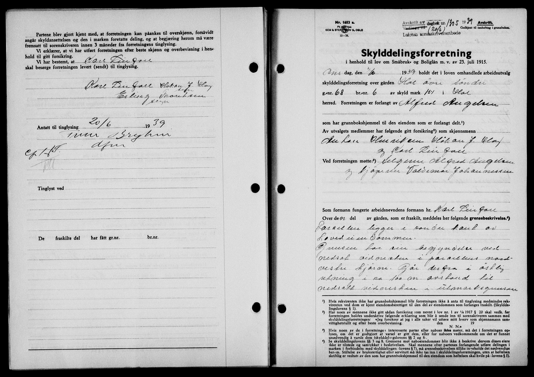 Lofoten sorenskriveri, SAT/A-0017/1/2/2C/L0005a: Mortgage book no. 5a, 1939-1939, Diary no: : 1305/1939