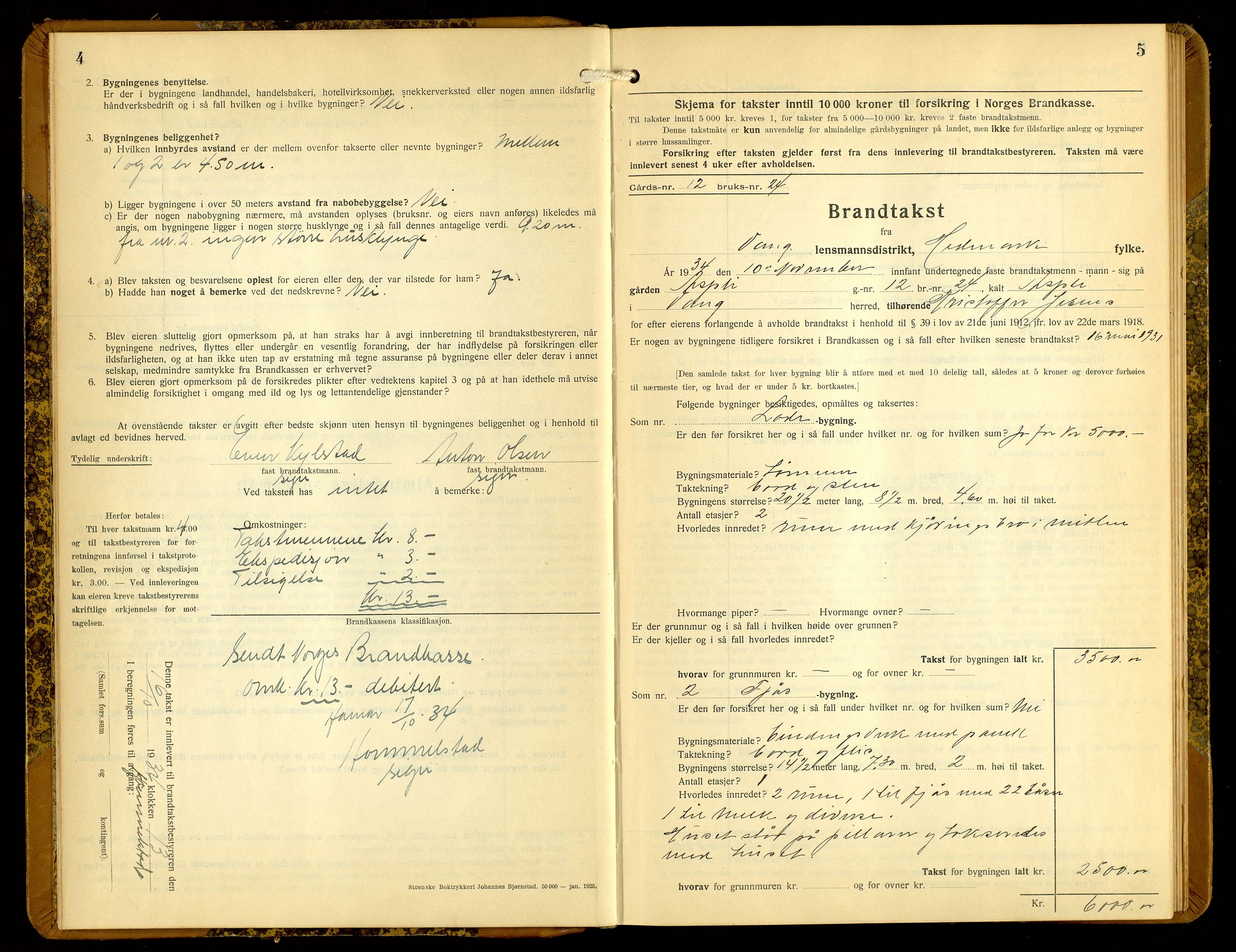 Norges Brannkasse, Vang, Hedmark, AV/SAH-NBRANV-005/F/L0010: Branntakstprotokoll, 1934-1955, p. 4-5