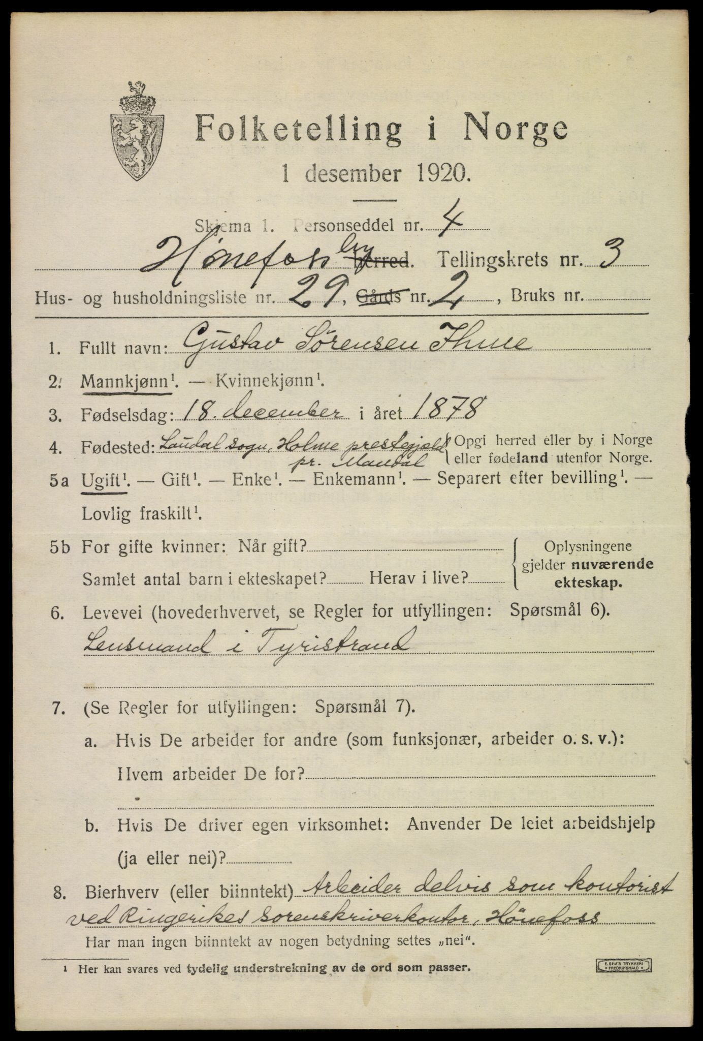 SAKO, 1920 census for Hønefoss, 1920, p. 5952