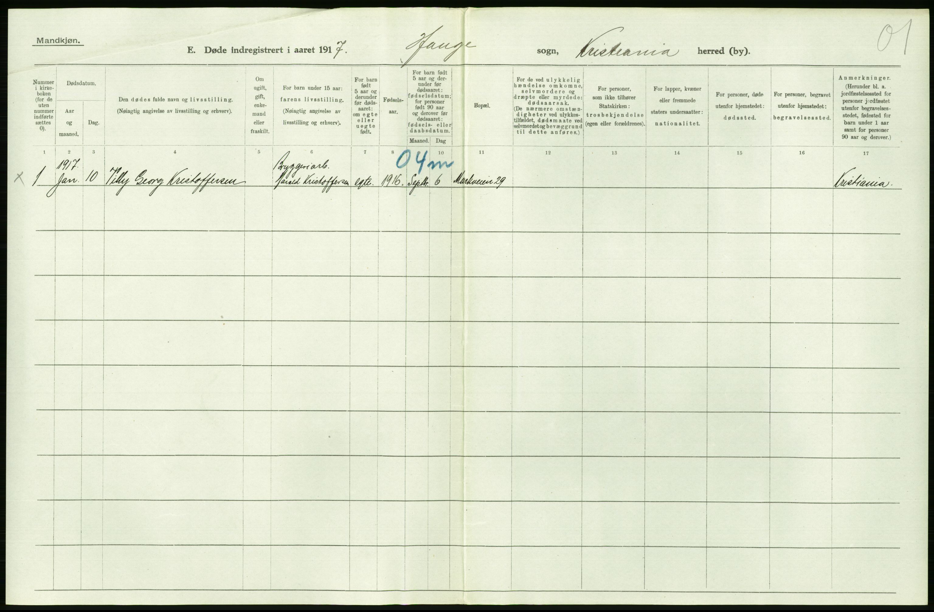 Statistisk sentralbyrå, Sosiodemografiske emner, Befolkning, RA/S-2228/D/Df/Dfb/Dfbg/L0011: Kristiania: Døde, dødfødte., 1917, p. 466