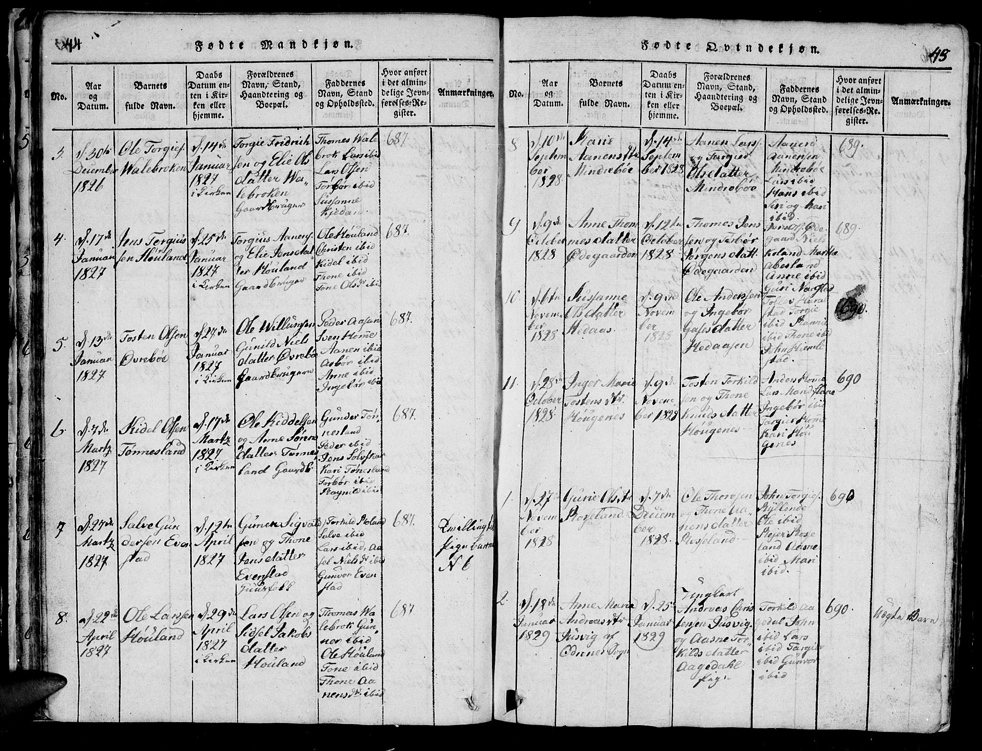 Bjelland sokneprestkontor, SAK/1111-0005/F/Fb/Fba/L0003: Parish register (copy) no. B 3, 1816-1870, p. 44-45