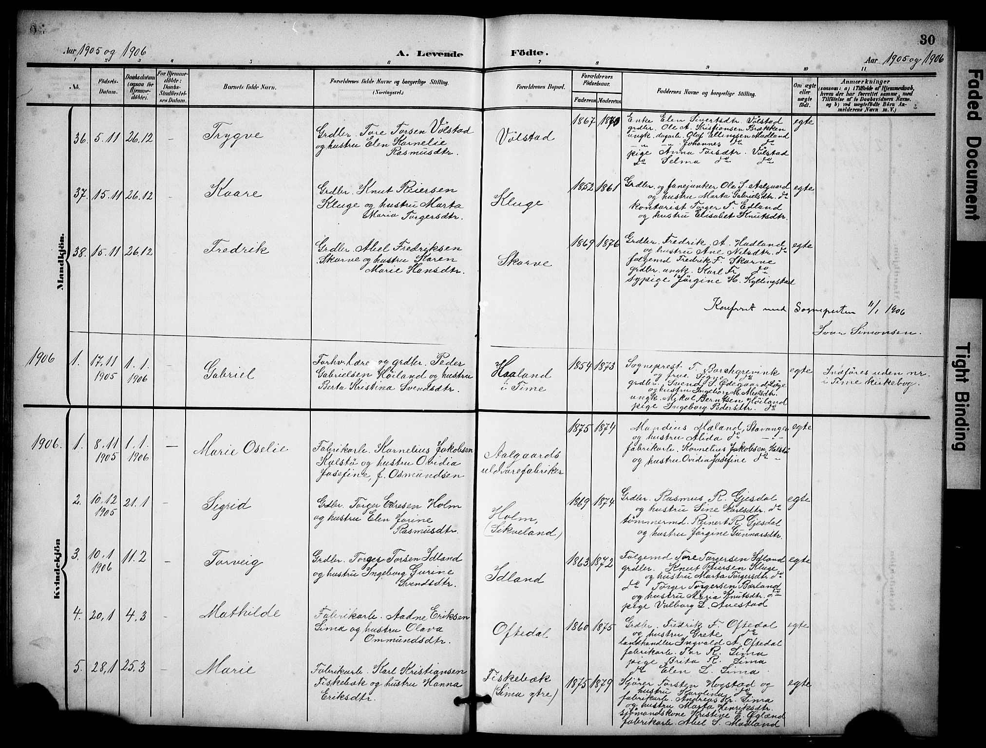 Lye sokneprestkontor, SAST/A-101794/001/30BB/L0009: Parish register (copy) no. B 9, 1902-1923, p. 30