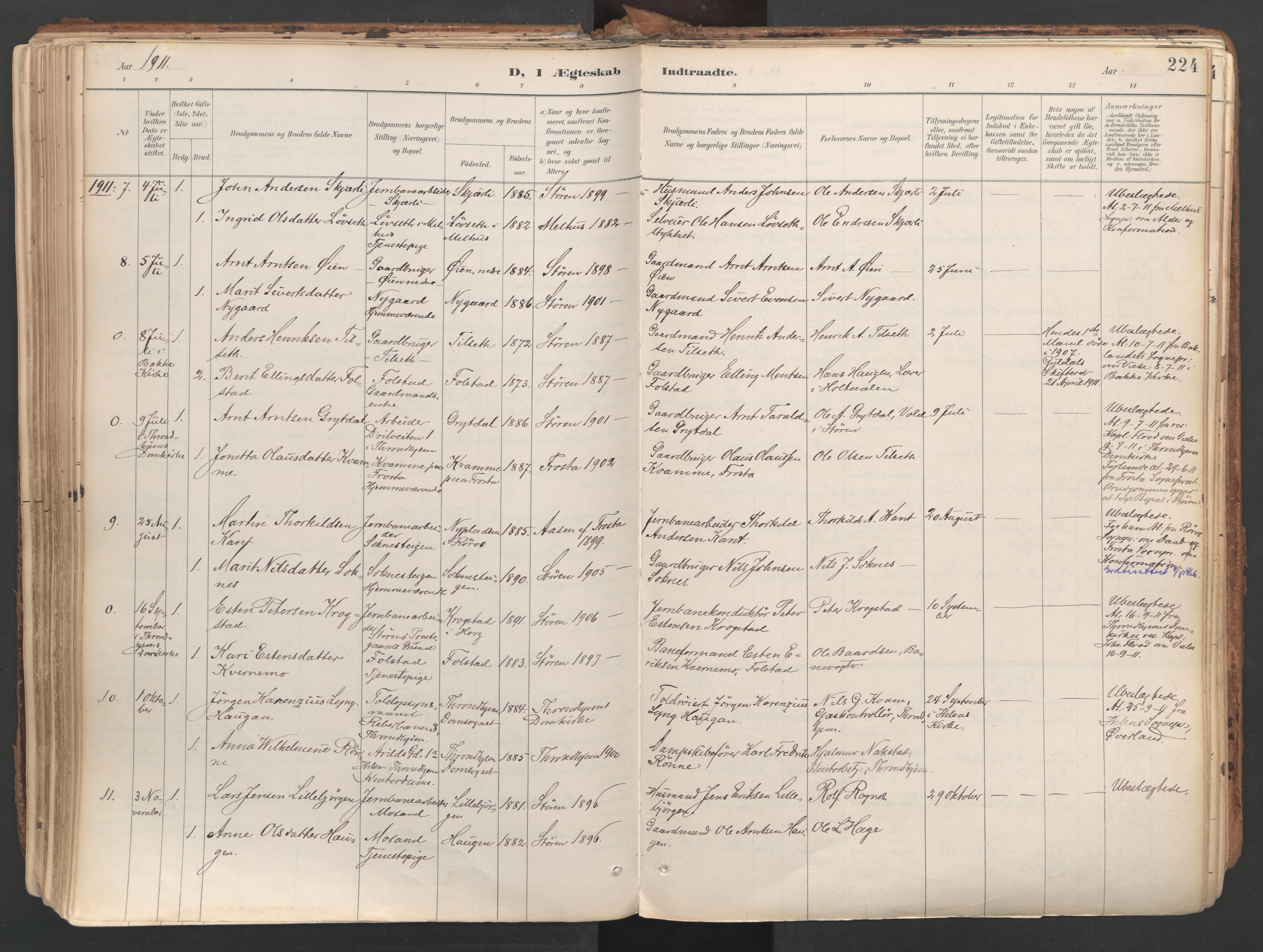 Ministerialprotokoller, klokkerbøker og fødselsregistre - Sør-Trøndelag, AV/SAT-A-1456/687/L1004: Parish register (official) no. 687A10, 1891-1923, p. 224