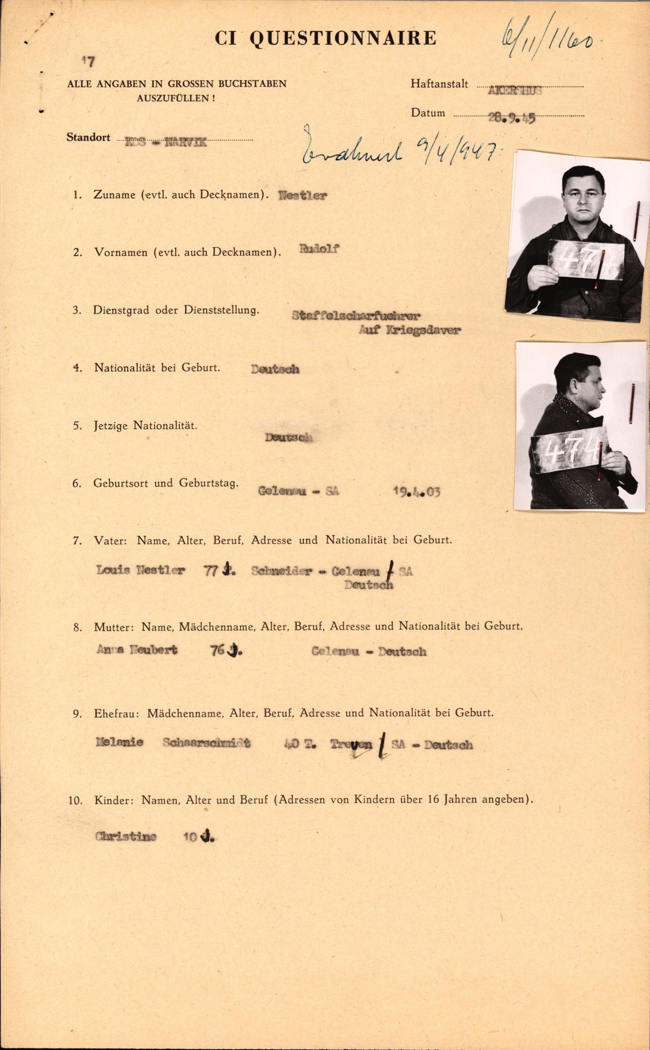 Forsvaret, Forsvarets overkommando II, RA/RAFA-3915/D/Db/L0023: CI Questionaires. Tyske okkupasjonsstyrker i Norge. Tyskere., 1945-1946, p. 534