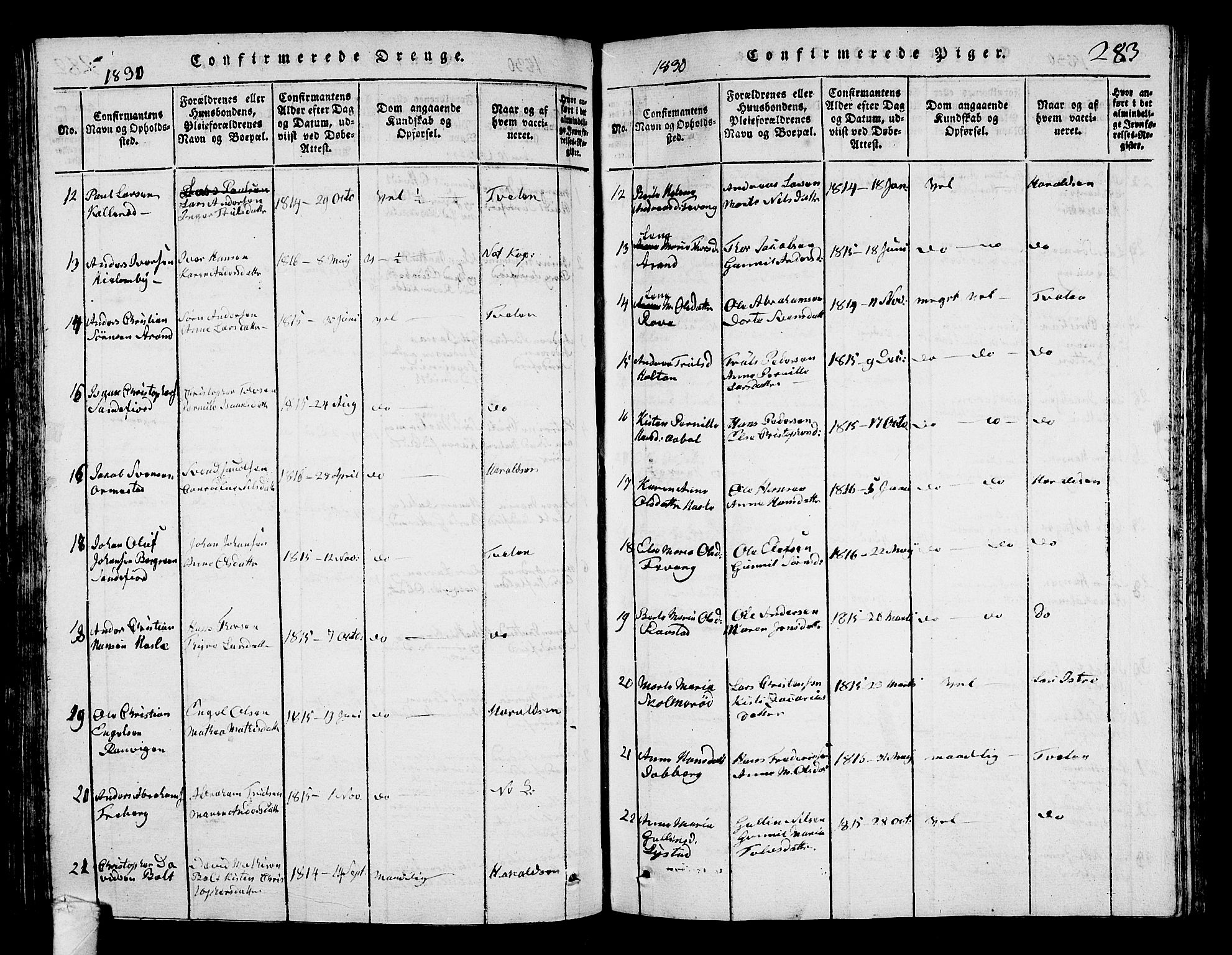 Sandar kirkebøker, SAKO/A-243/G/Ga/L0001: Parish register (copy) no. 1, 1814-1835, p. 283