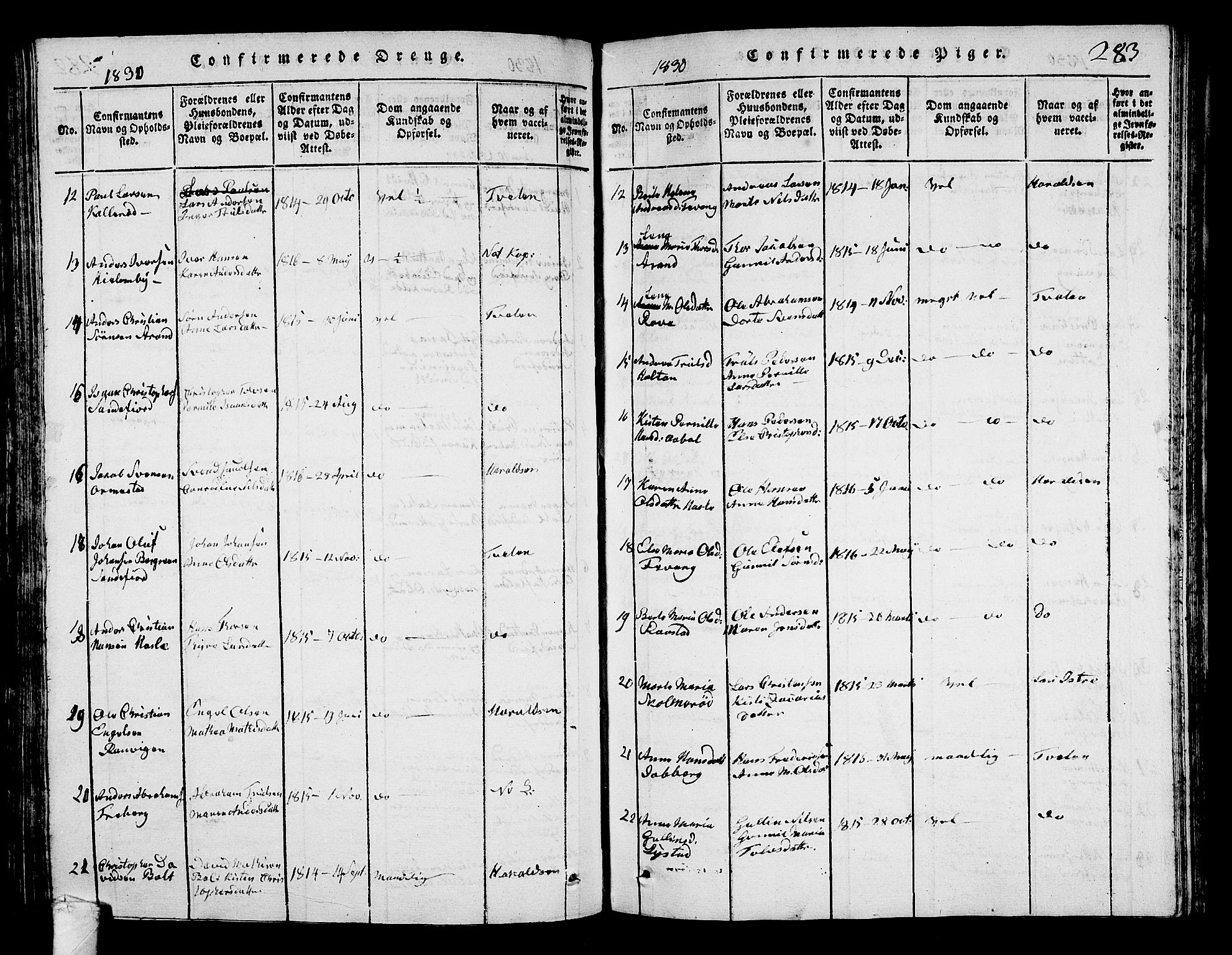 Sandar kirkebøker, AV/SAKO-A-243/G/Ga/L0001: Parish register (copy) no. 1, 1814-1835, p. 283