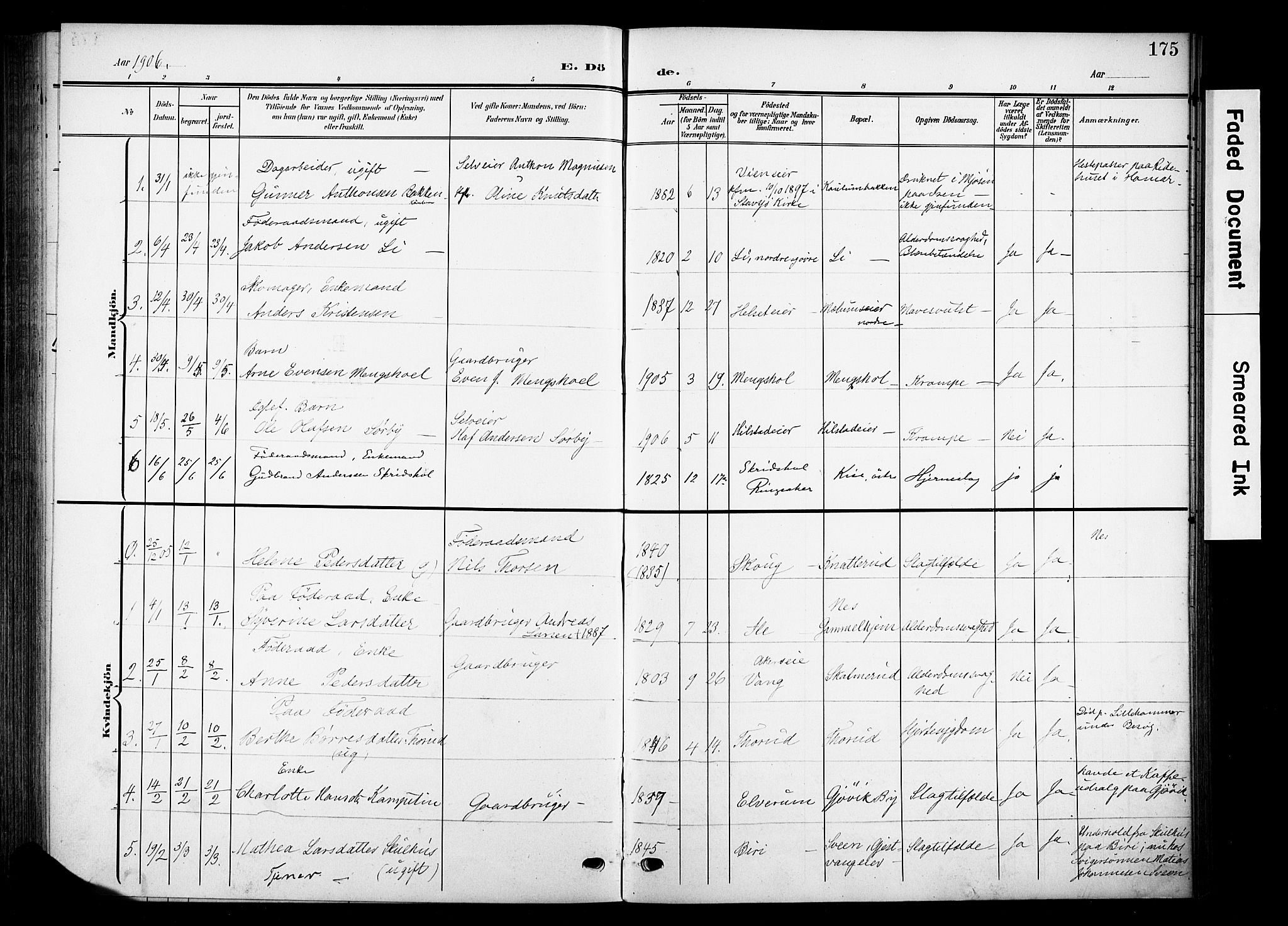 Nes prestekontor, Hedmark, SAH/PREST-020/K/Ka/L0013: Parish register (official) no. 13, 1906-1924, p. 175