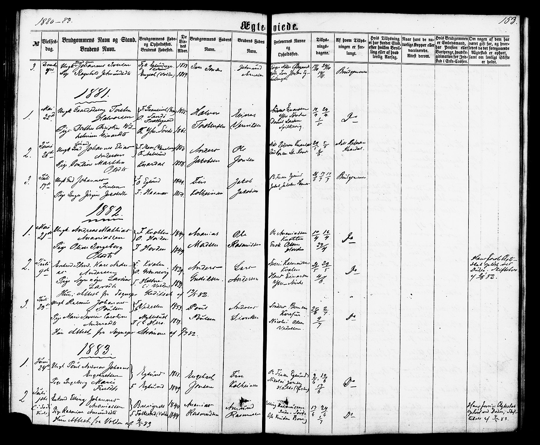 Ministerialprotokoller, klokkerbøker og fødselsregistre - Møre og Romsdal, SAT/A-1454/504/L0055: Parish register (official) no. 504A02, 1861-1884, p. 153