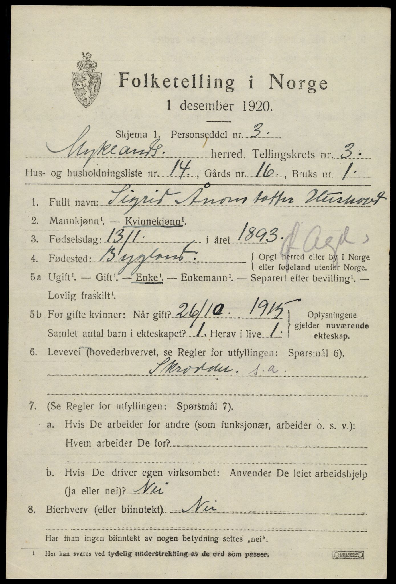 SAK, 1920 census for Mykland, 1920, p. 1318