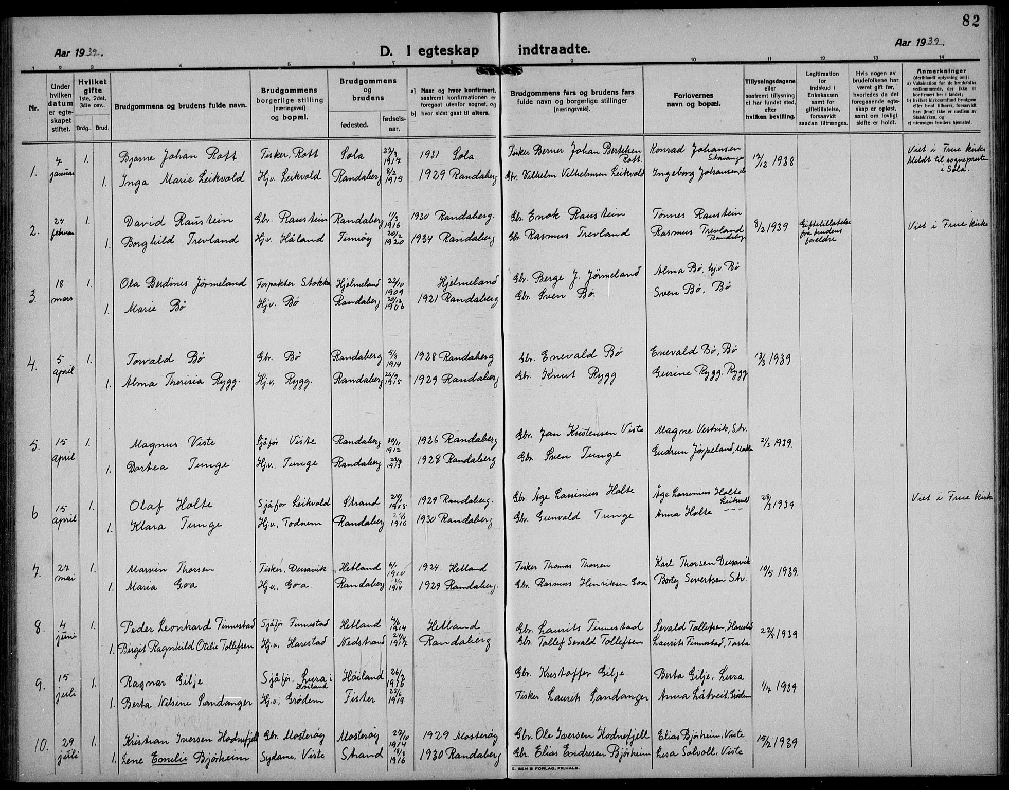 Hetland sokneprestkontor, SAST/A-101826/30/30BB/L0012: Parish register (copy) no. B 12, 1922-1940, p. 82