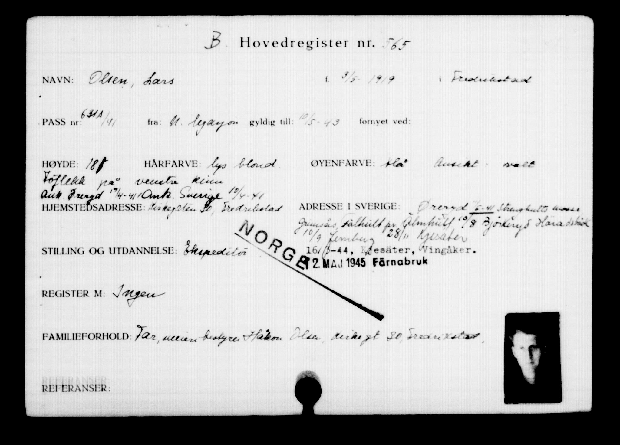 Utenriksstasjonene, Legasjonen i Stockholm, Flyktningkontoret, AV/RA-S-6753/V/Va/L0001: Kjesäterkartoteket, flyktninger med registreringsnr. 1-1000, 1940-1945, p. 879
