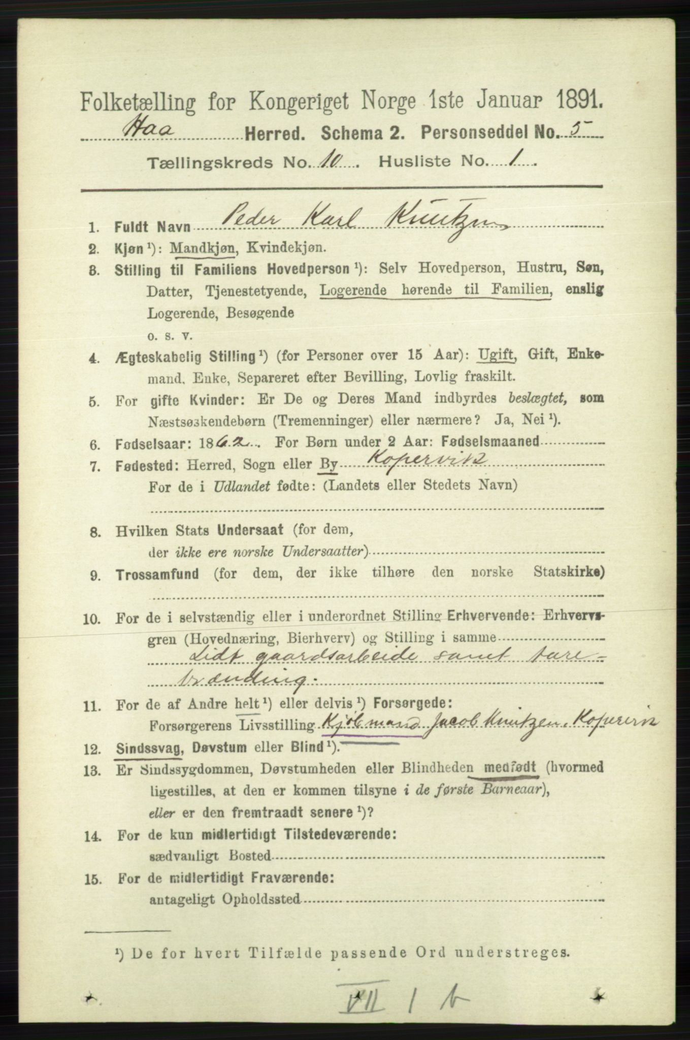 RA, 1891 census for 1119 Hå, 1891, p. 2416