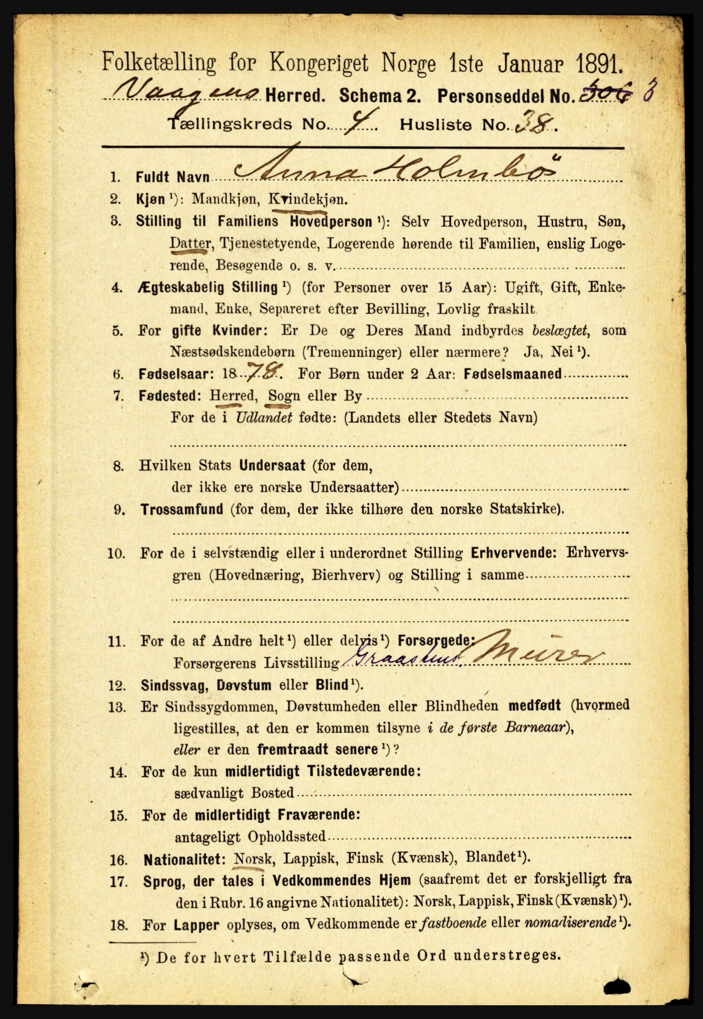 RA, 1891 census for 1865 Vågan, 1891, p. 1246