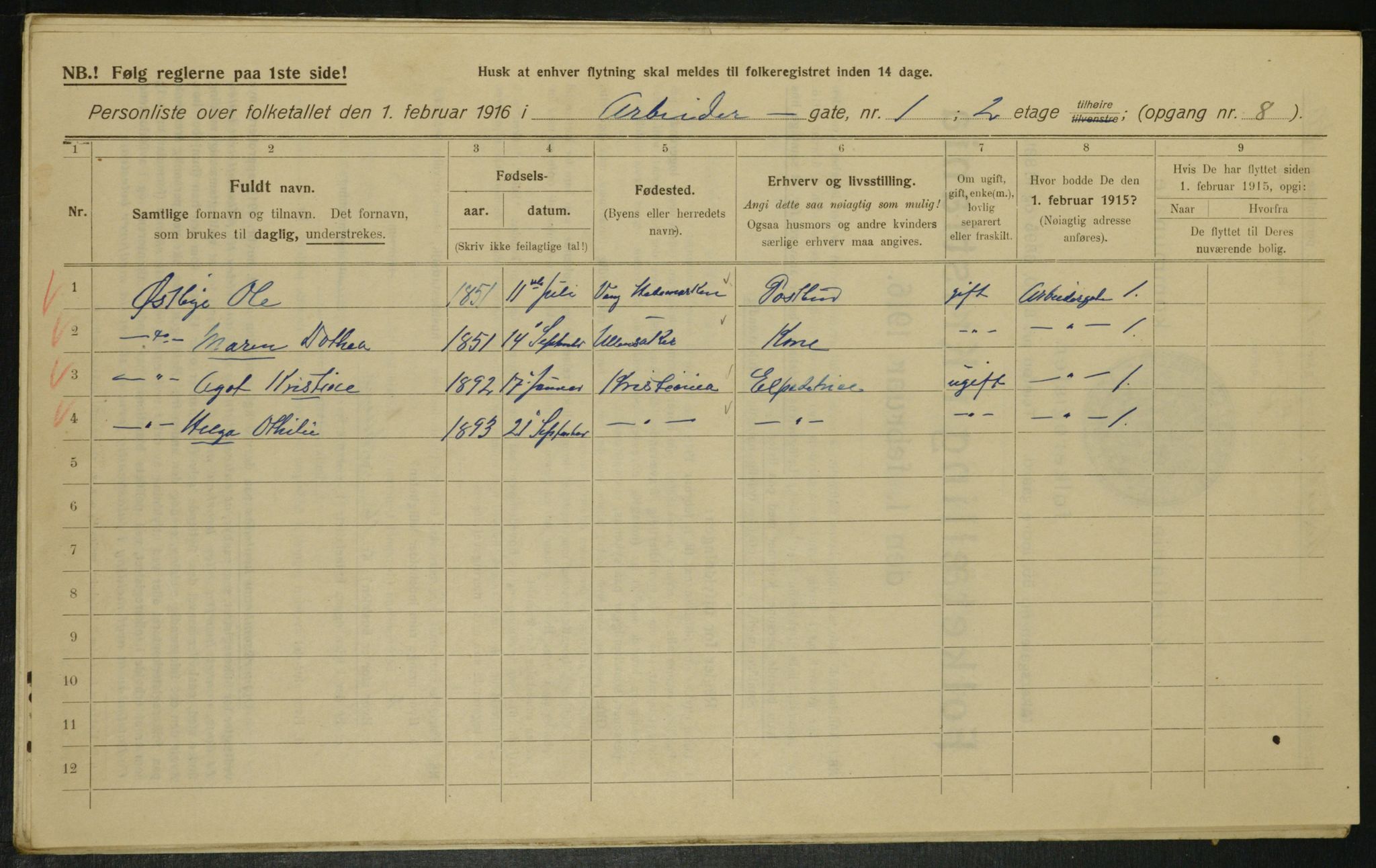 OBA, Municipal Census 1916 for Kristiania, 1916, p. 1437