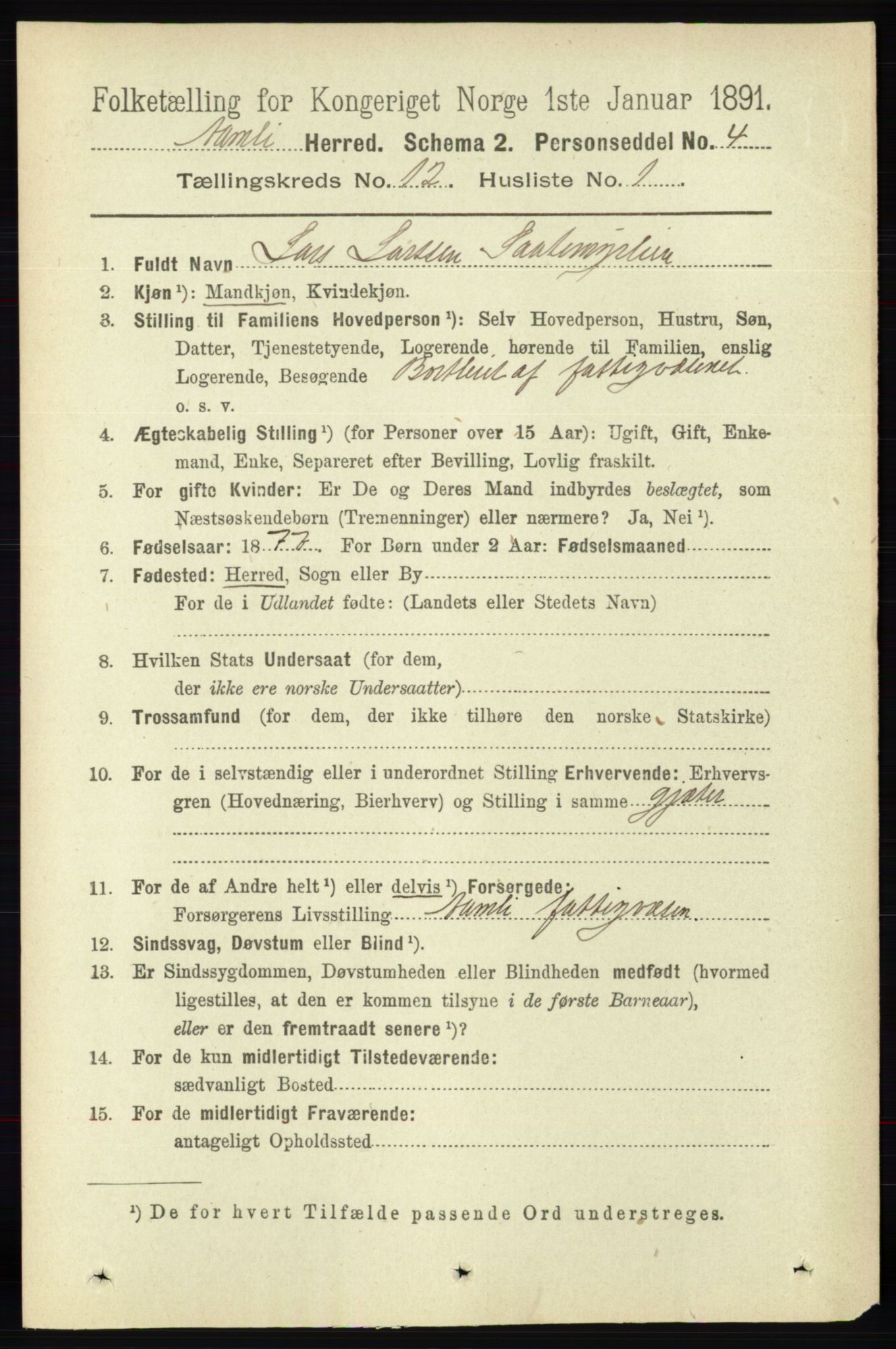 RA, 1891 census for 0929 Åmli, 1891, p. 2039