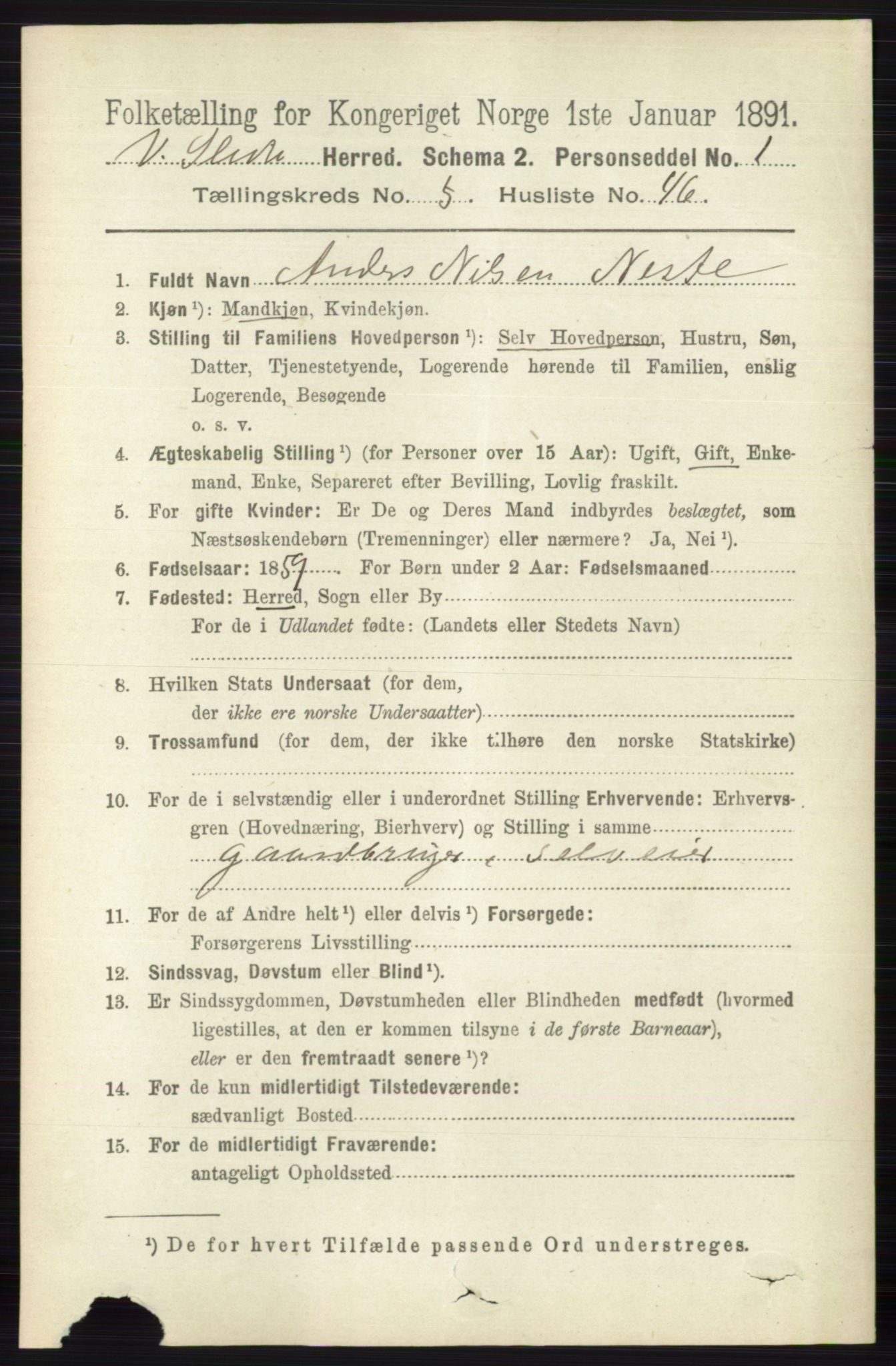 RA, 1891 census for 0543 Vestre Slidre, 1891, p. 1981