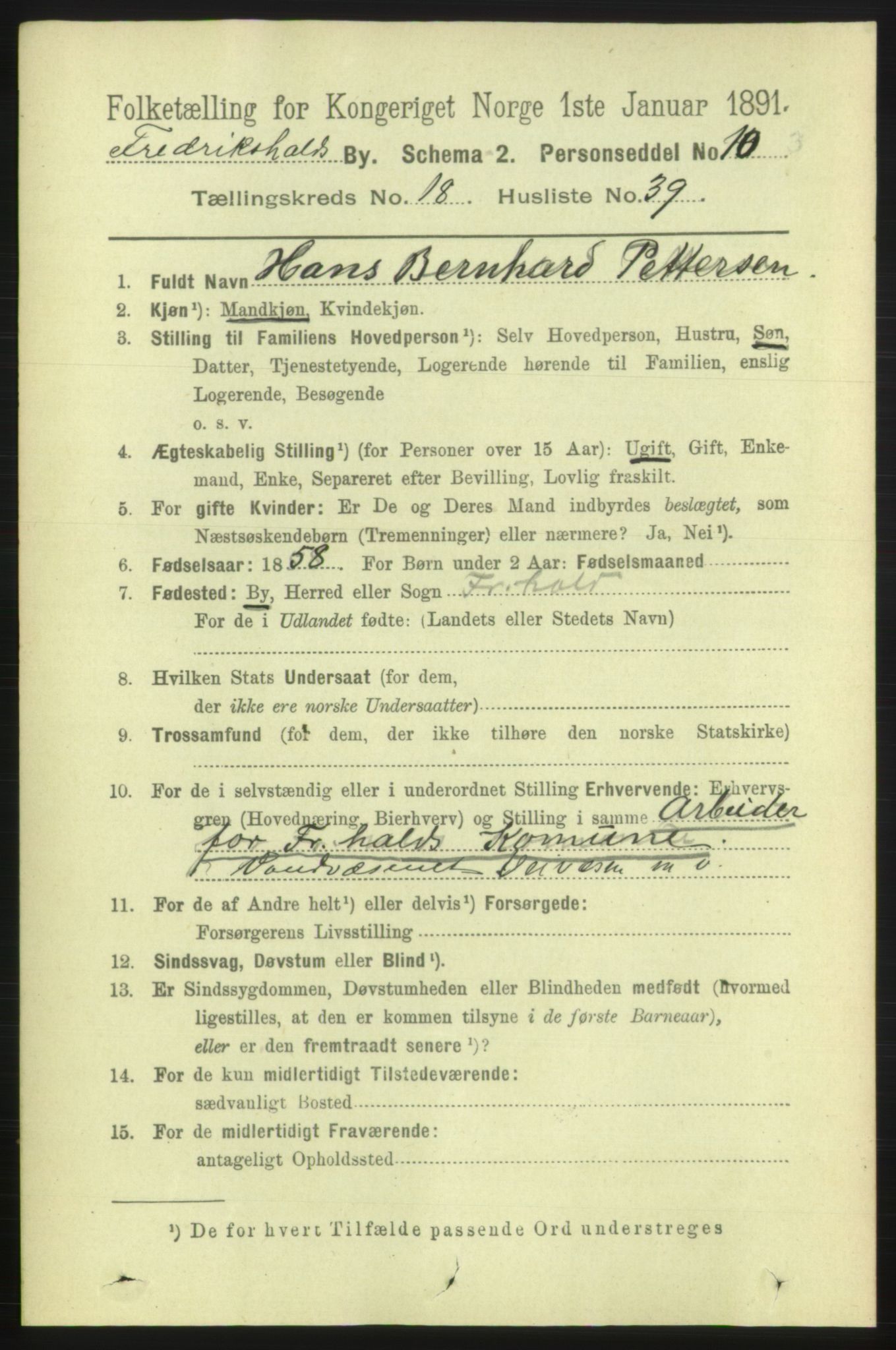 RA, 1891 census for 0101 Fredrikshald, 1891, p. 11910