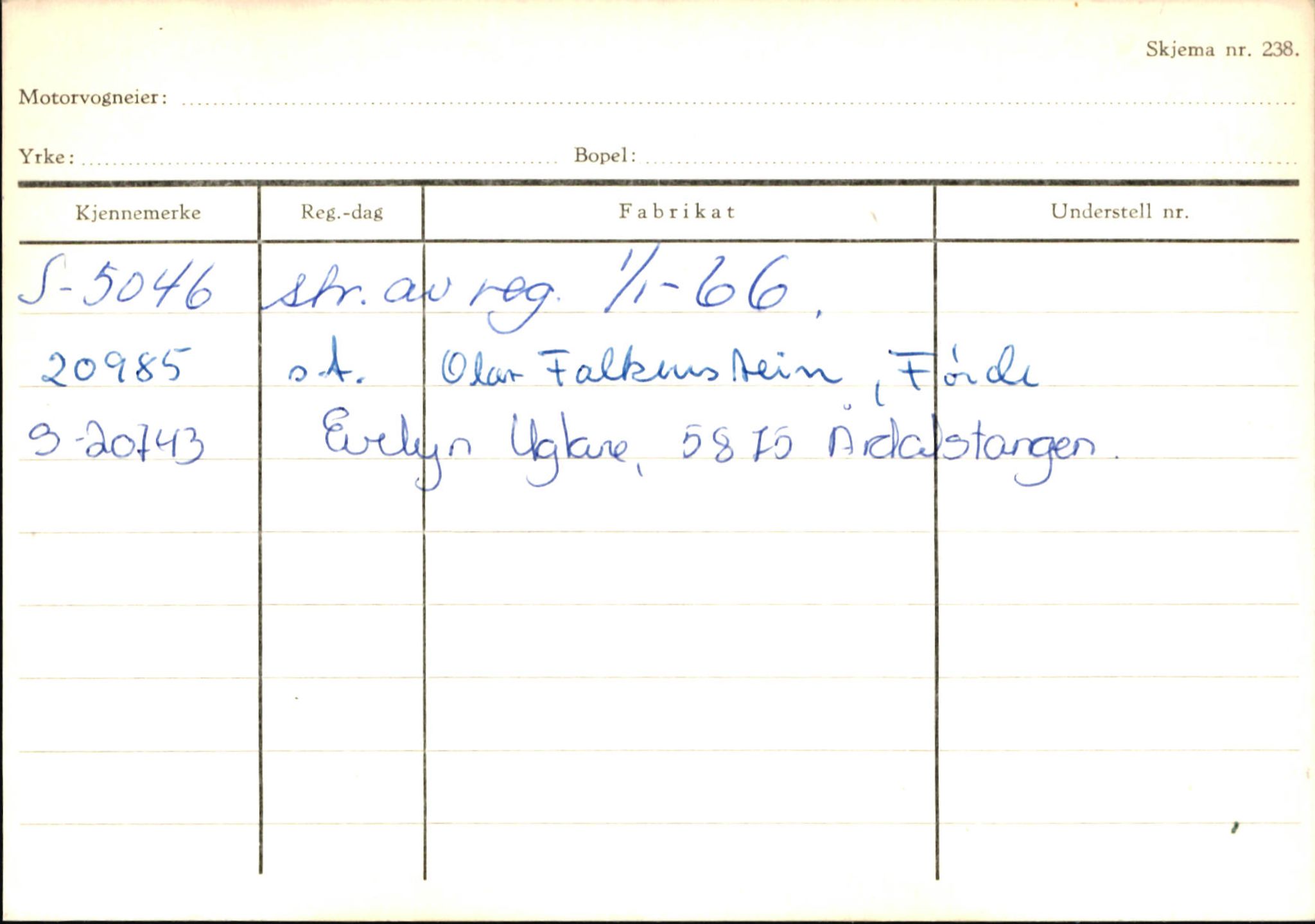 Statens vegvesen, Sogn og Fjordane vegkontor, SAB/A-5301/4/F/L0146: Registerkort Årdal R-Å samt diverse kort, 1945-1975, p. 1028