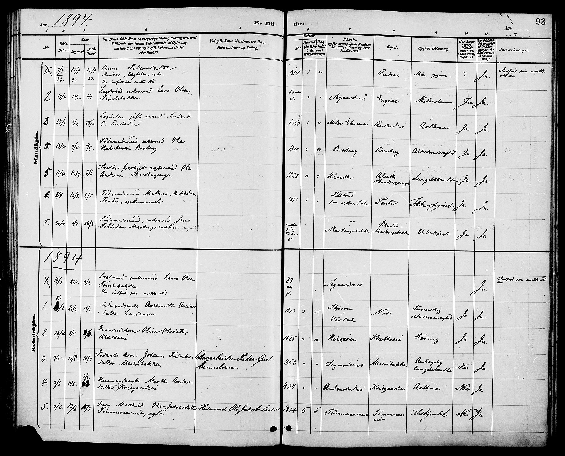 Biri prestekontor, AV/SAH-PREST-096/H/Ha/Haa/L0007: Parish register (official) no. 7, 1887-1893, p. 93