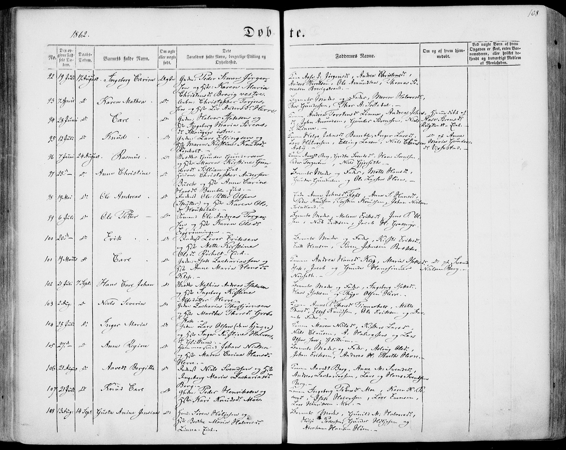 Bamble kirkebøker, AV/SAKO-A-253/F/Fa/L0005: Parish register (official) no. I 5, 1854-1869, p. 108