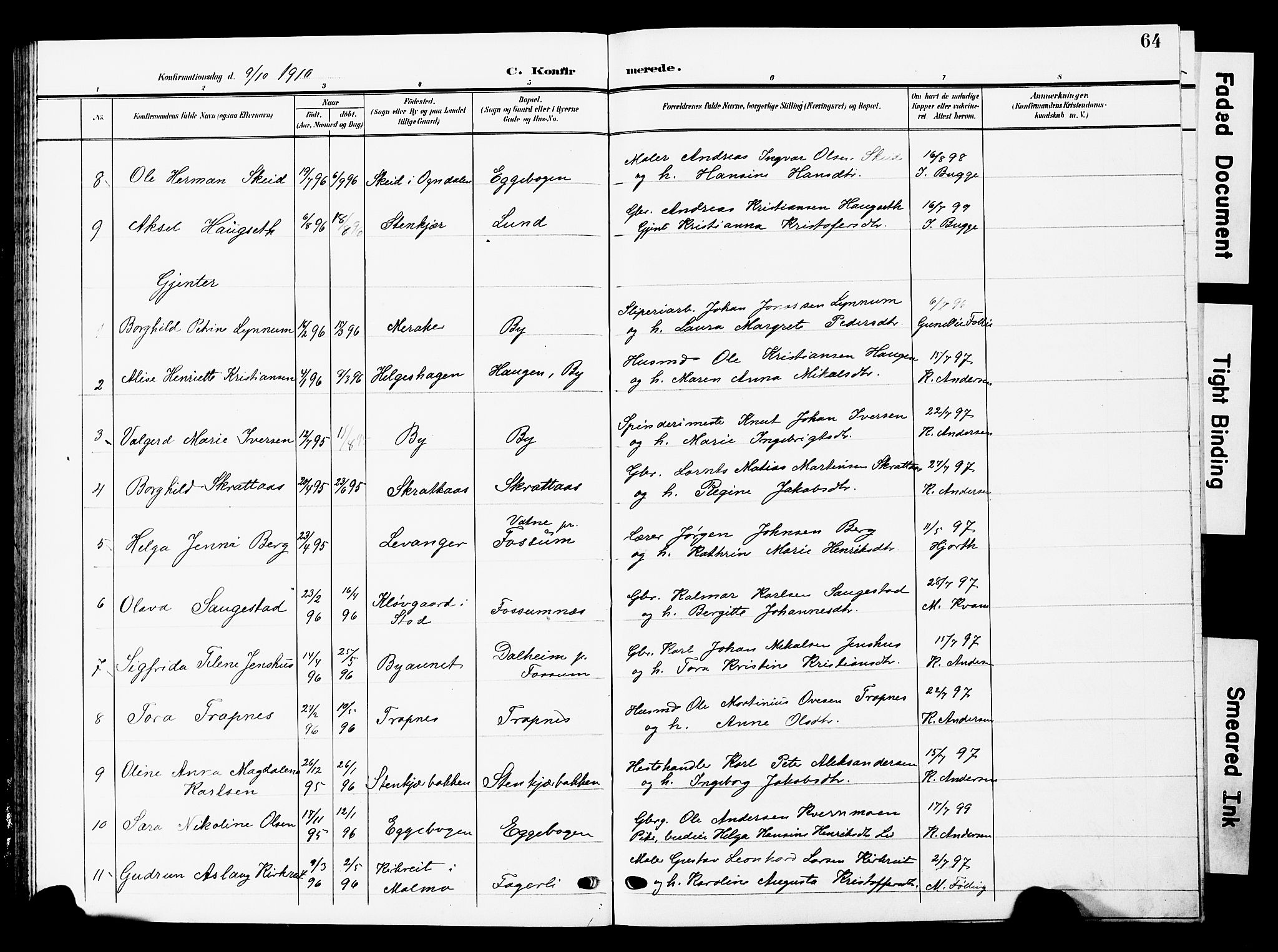 Ministerialprotokoller, klokkerbøker og fødselsregistre - Nord-Trøndelag, SAT/A-1458/740/L0381: Parish register (copy) no. 740C02, 1903-1914, p. 64