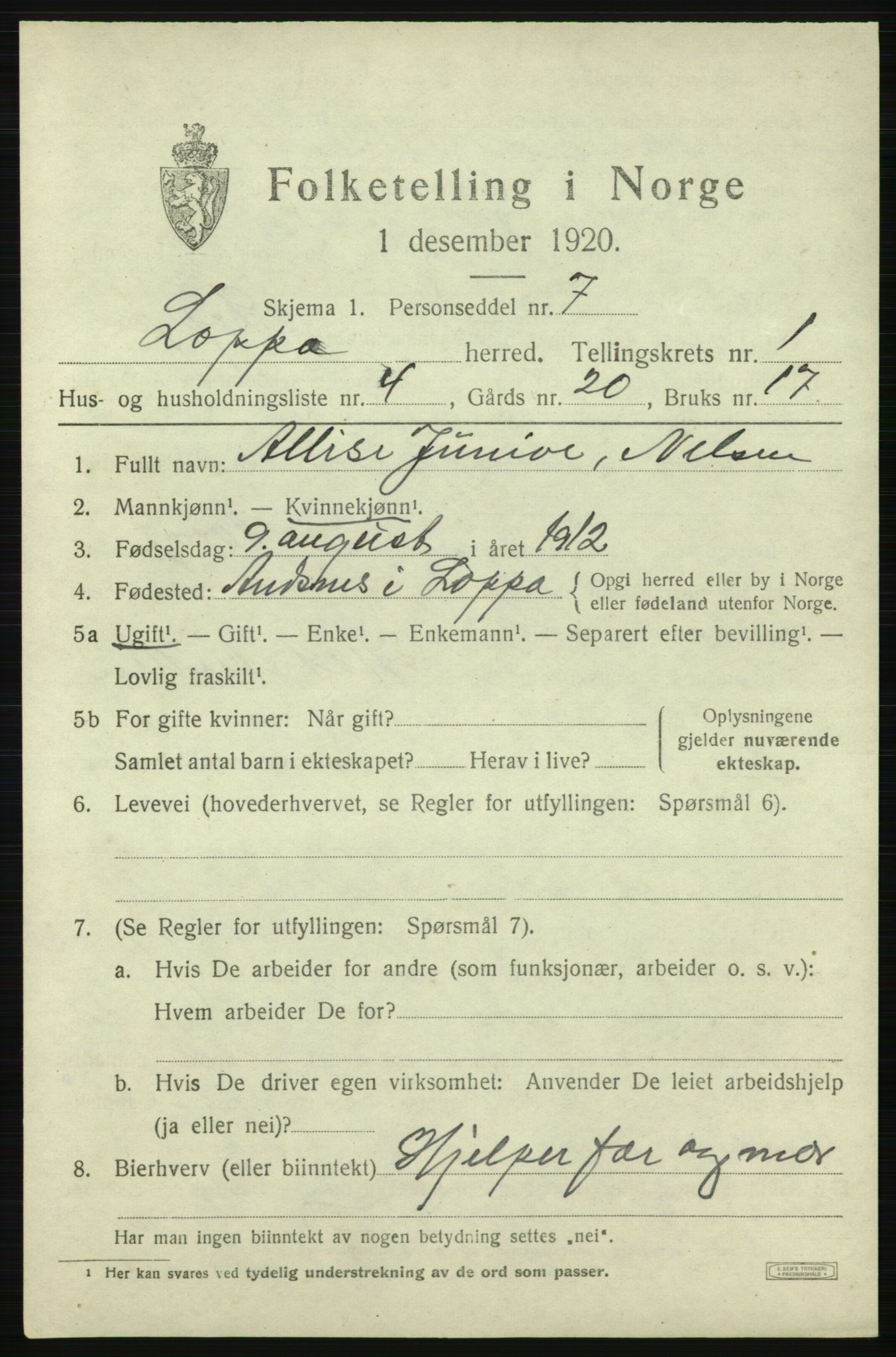 SATØ, 1920 census for Loppa, 1920, p. 678