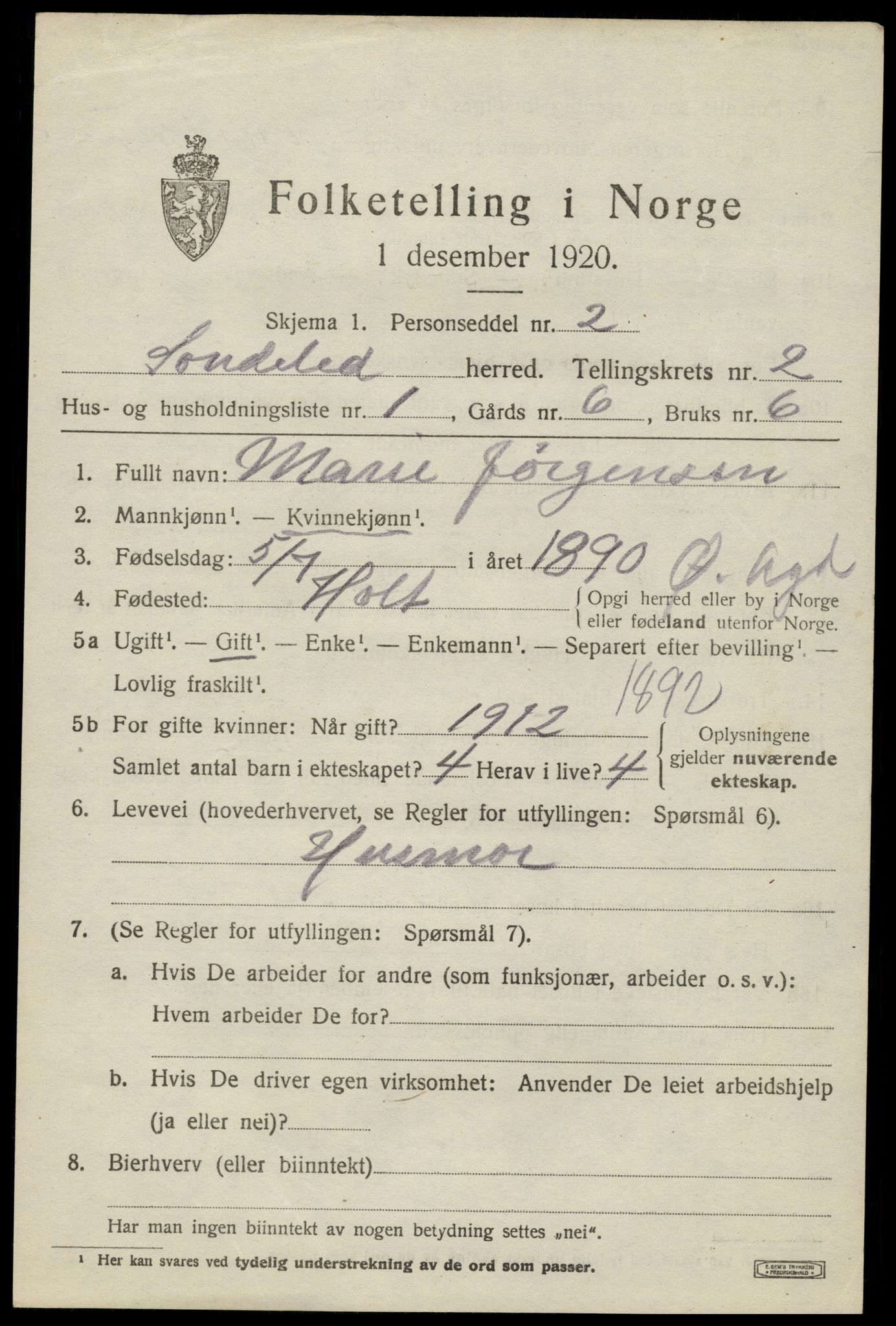 SAK, 1920 census for Søndeled, 1920, p. 1721