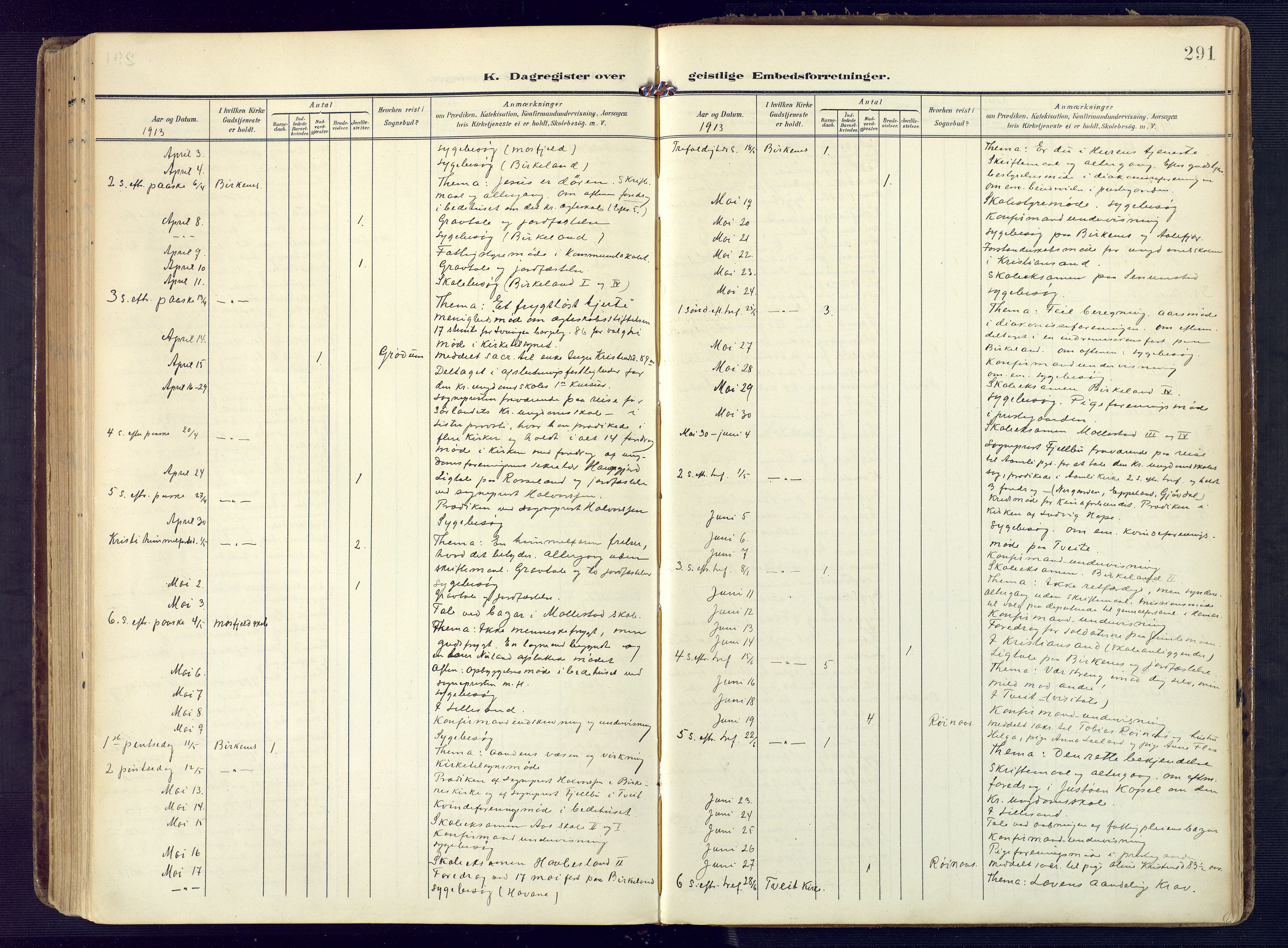 Birkenes sokneprestkontor, SAK/1111-0004/F/Fa/L0006: Parish register (official) no. A 6, 1908-1932, p. 291