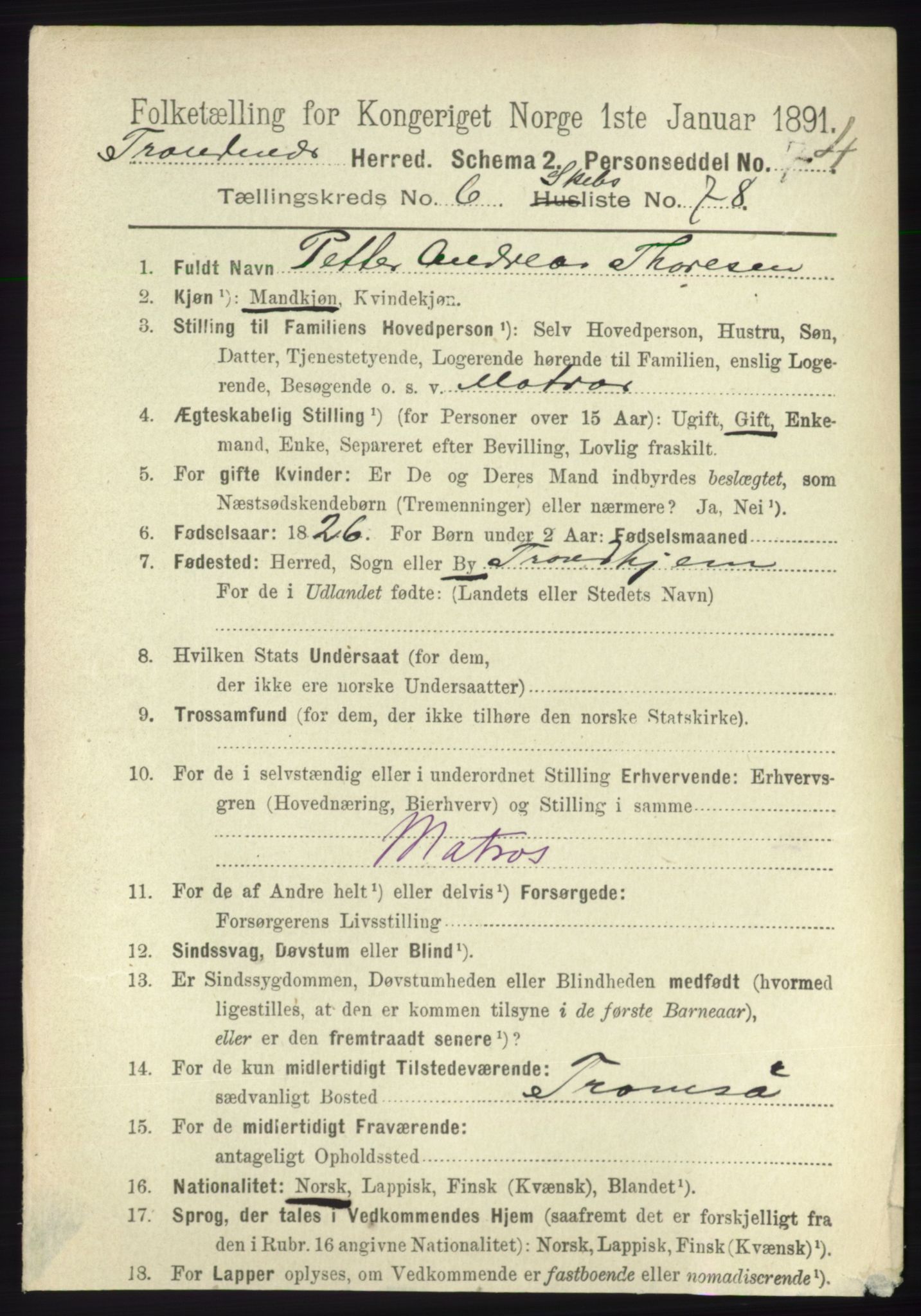 RA, 1891 census for 1914 Trondenes, 1891, p. 4322