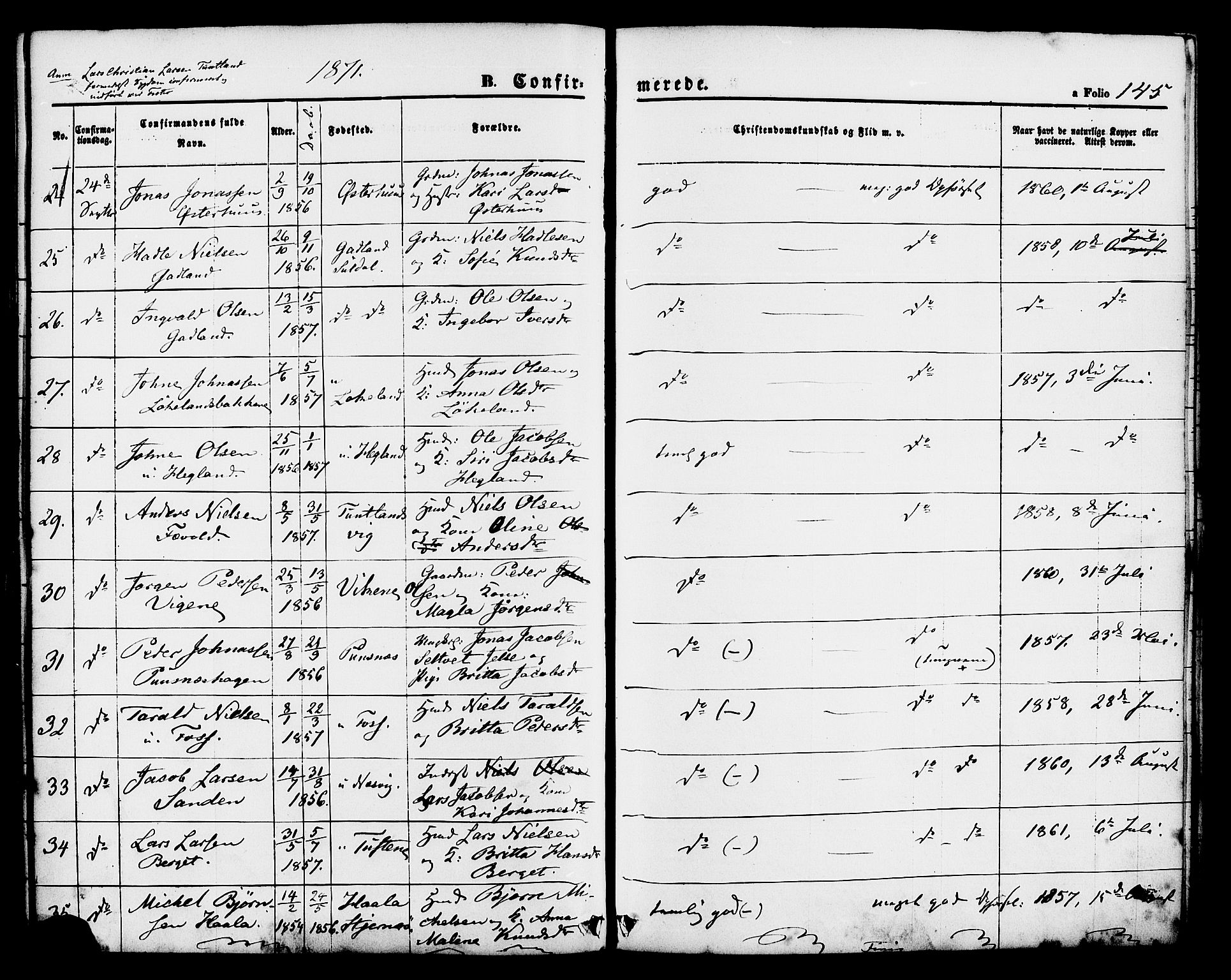 Hjelmeland sokneprestkontor, SAST/A-101843/01/IV/L0011: Parish register (official) no. A 11, 1861-1878, p. 145