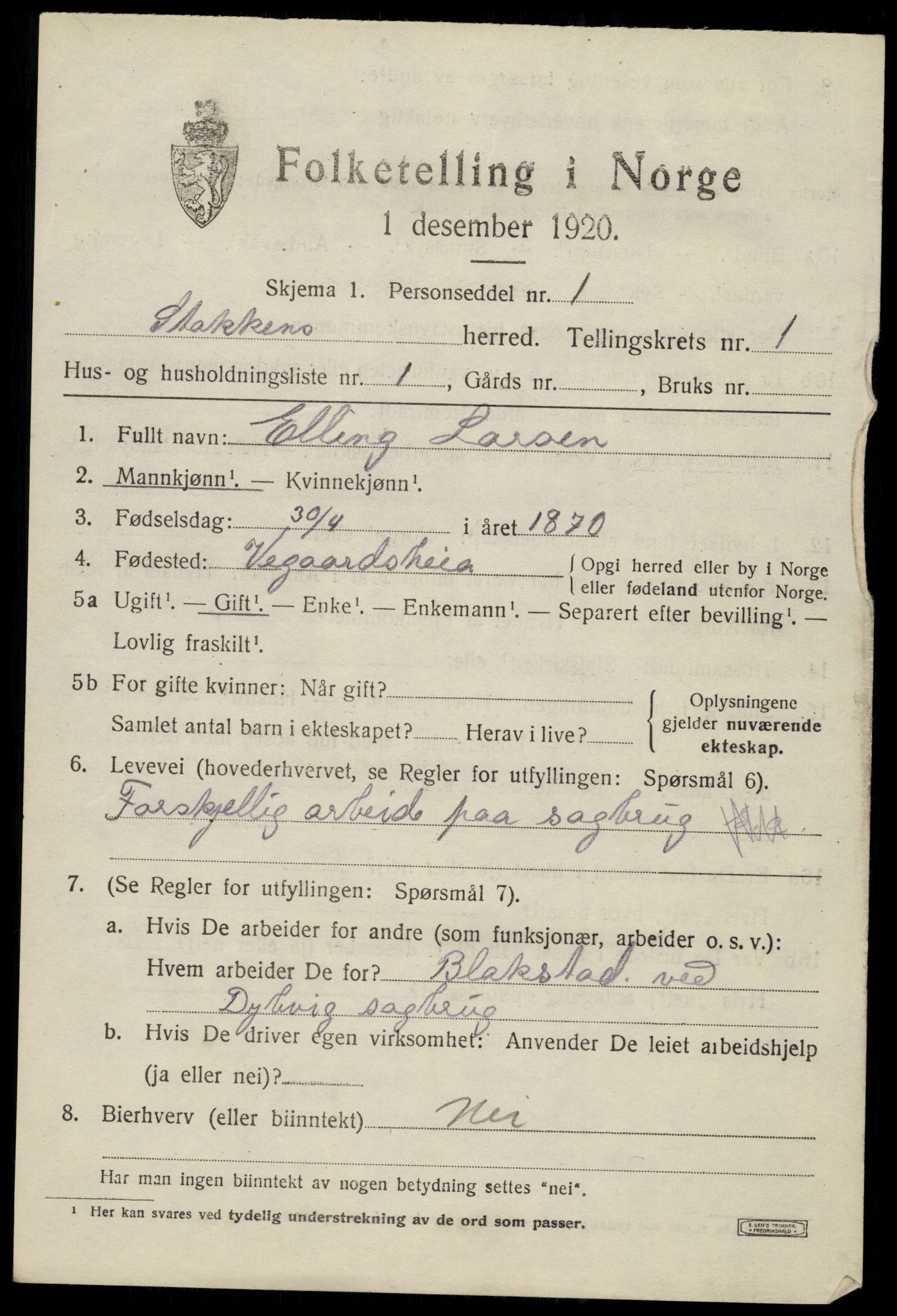 SAK, 1920 census for Stokken, 1920, p. 572