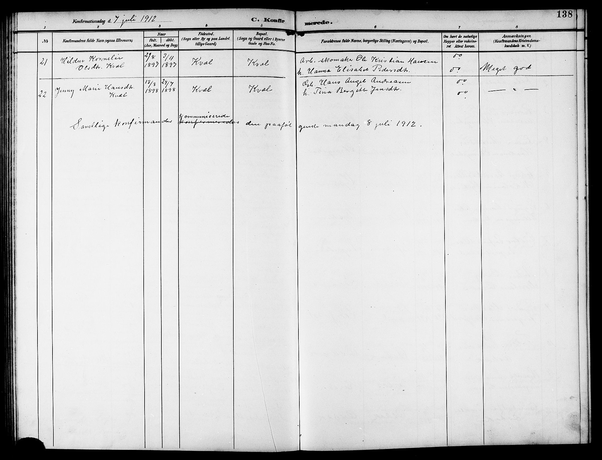 Ministerialprotokoller, klokkerbøker og fødselsregistre - Nordland, AV/SAT-A-1459/846/L0655: Parish register (copy) no. 846C05, 1902-1916, p. 138