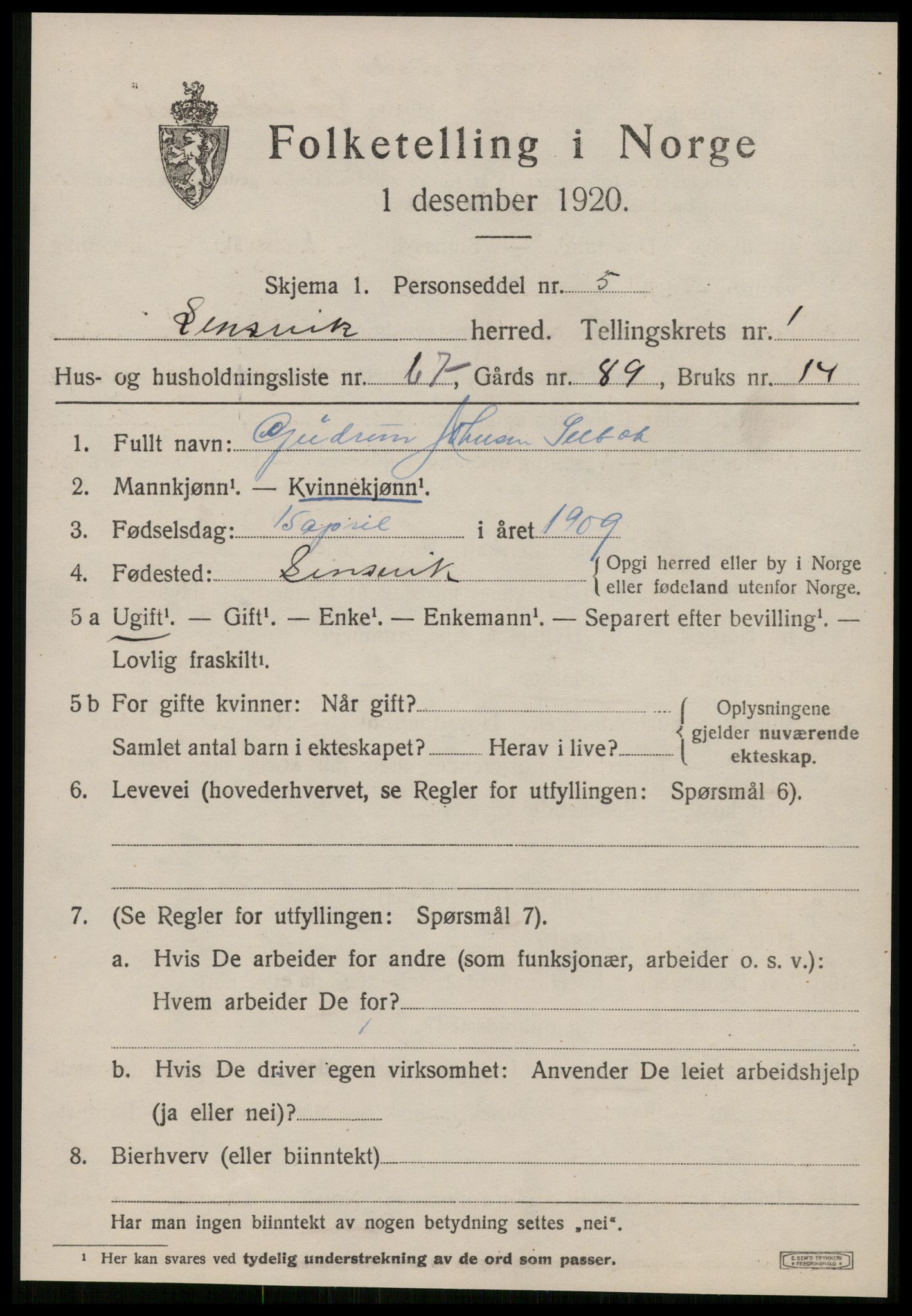 SAT, 1920 census for Lensvik, 1920, p. 1276