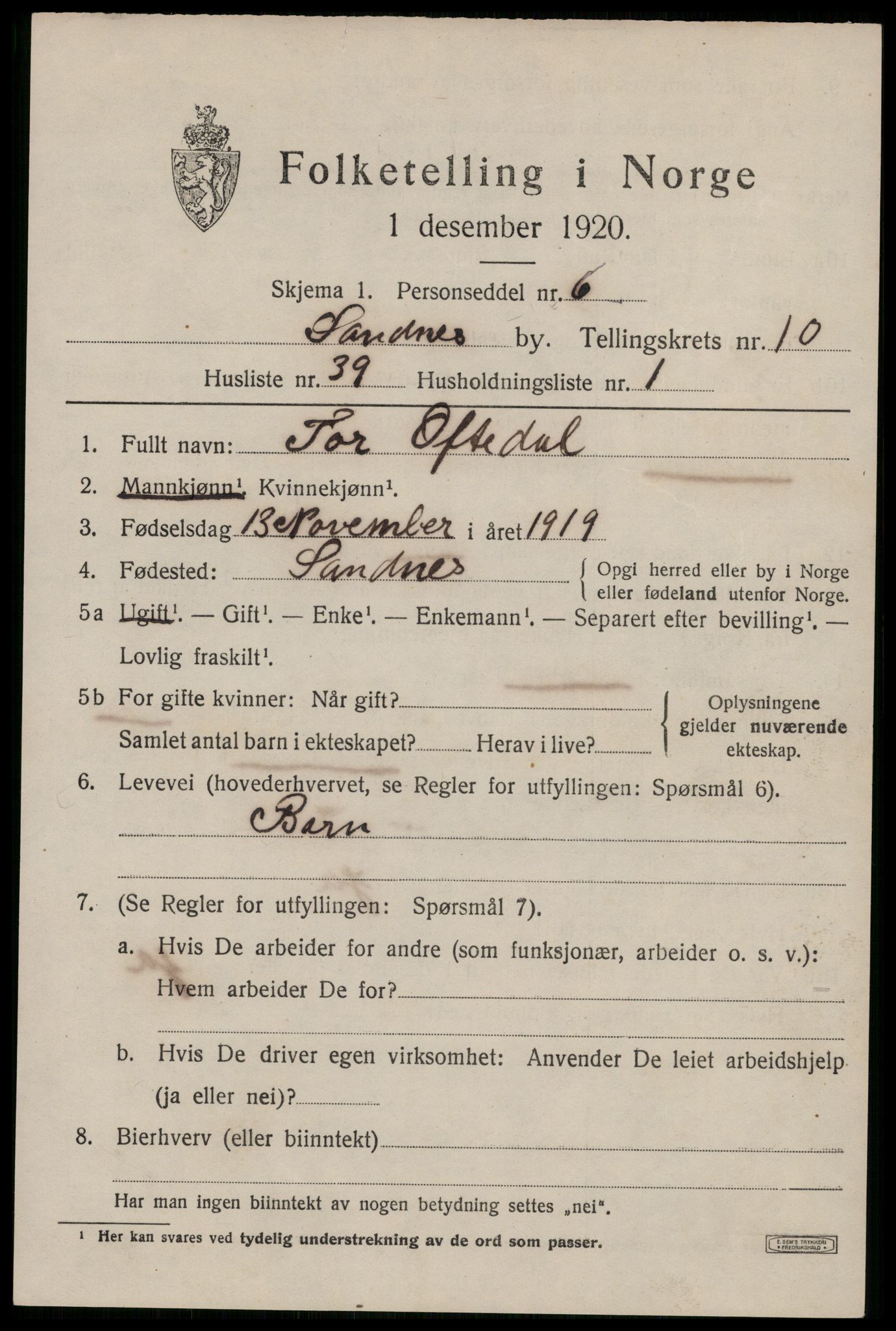 SAST, 1920 census for Sandnes, 1920, p. 7222