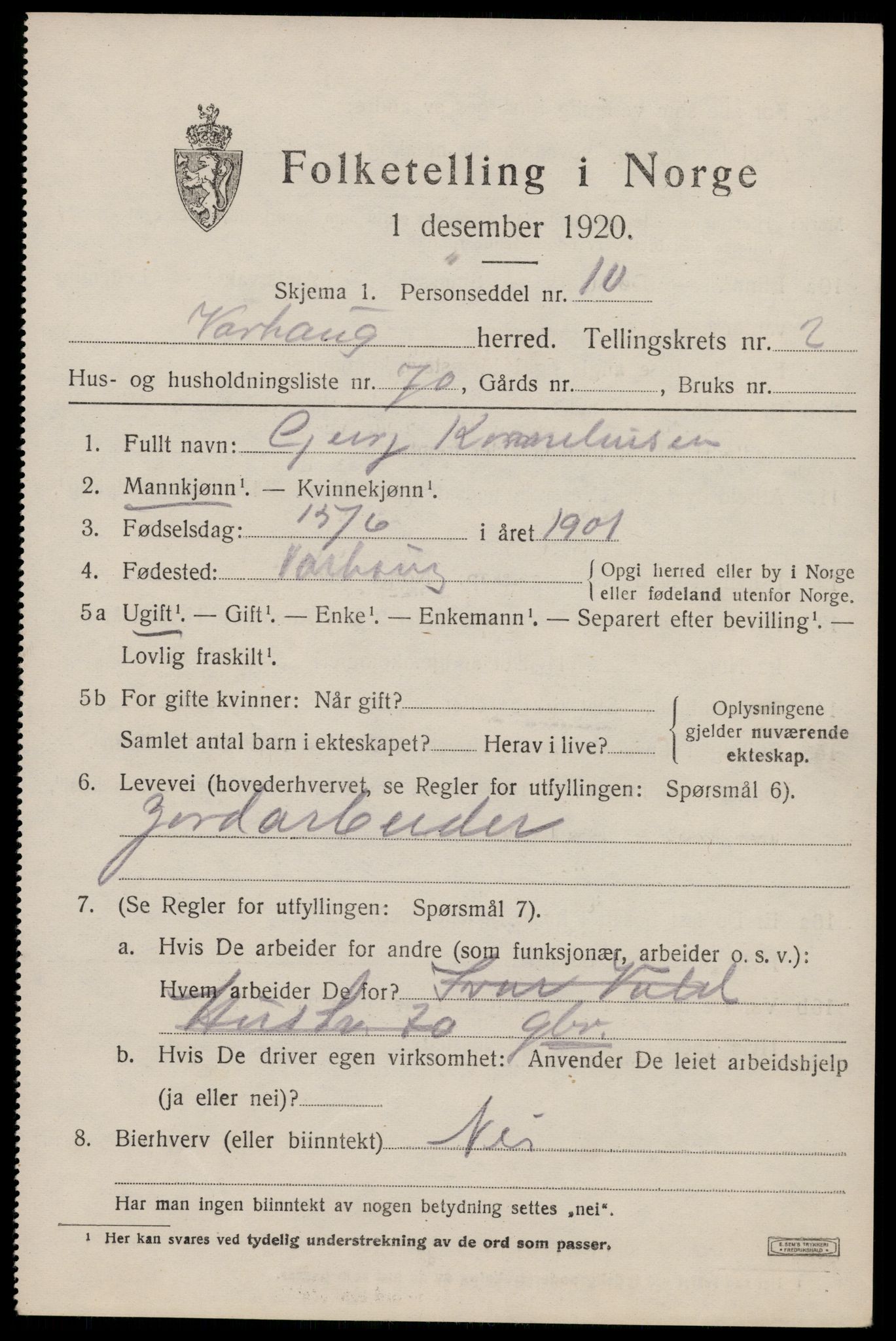 SAST, 1920 census for Varhaug, 1920, p. 2935