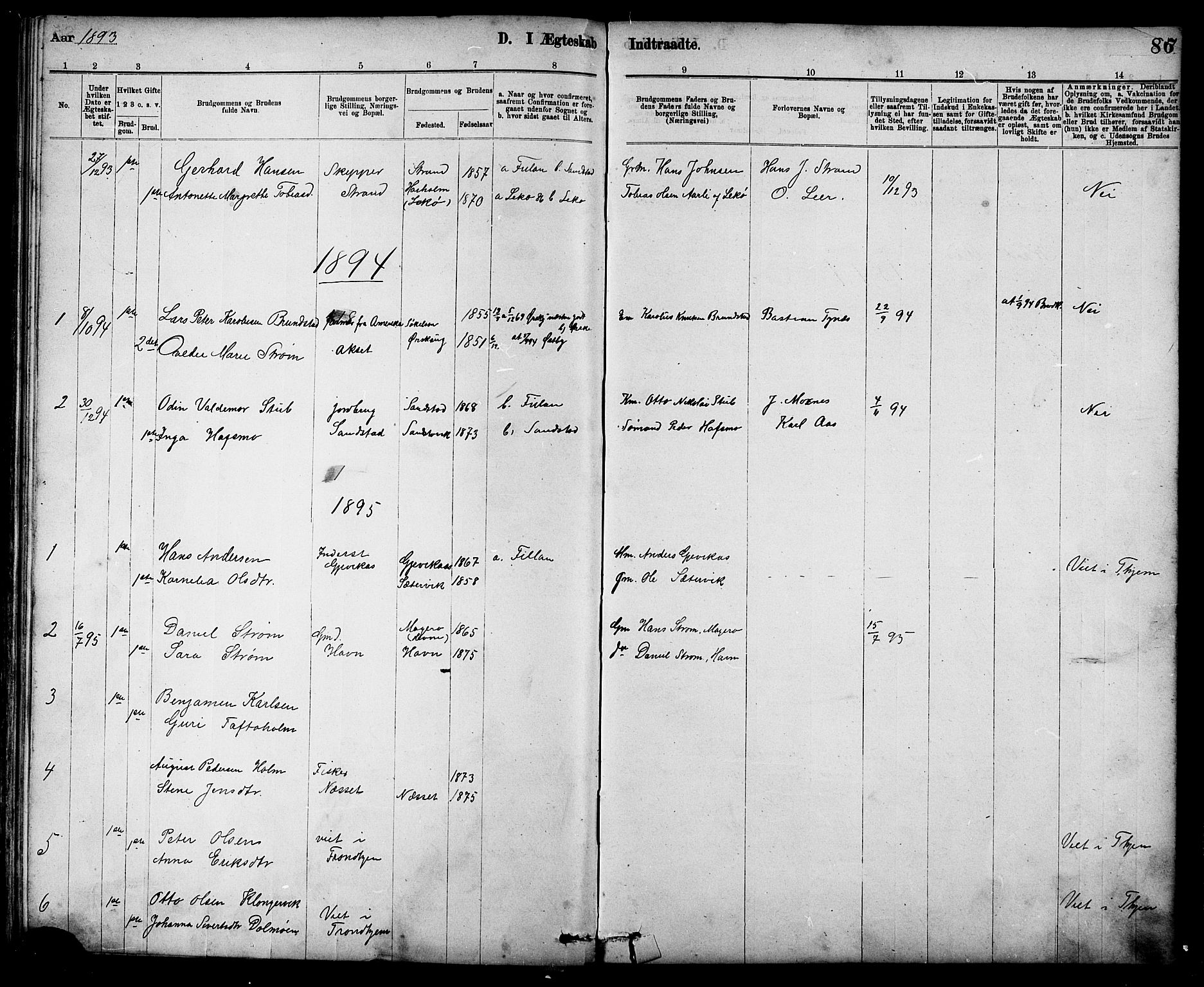Ministerialprotokoller, klokkerbøker og fødselsregistre - Sør-Trøndelag, SAT/A-1456/639/L0573: Parish register (copy) no. 639C01, 1890-1905, p. 86