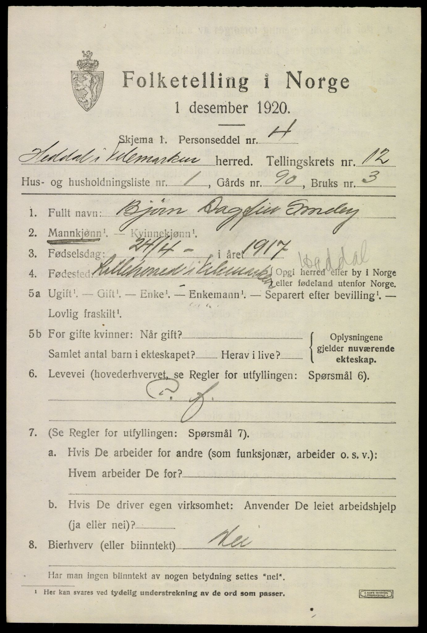 SAKO, 1920 census for Heddal, 1920, p. 8116