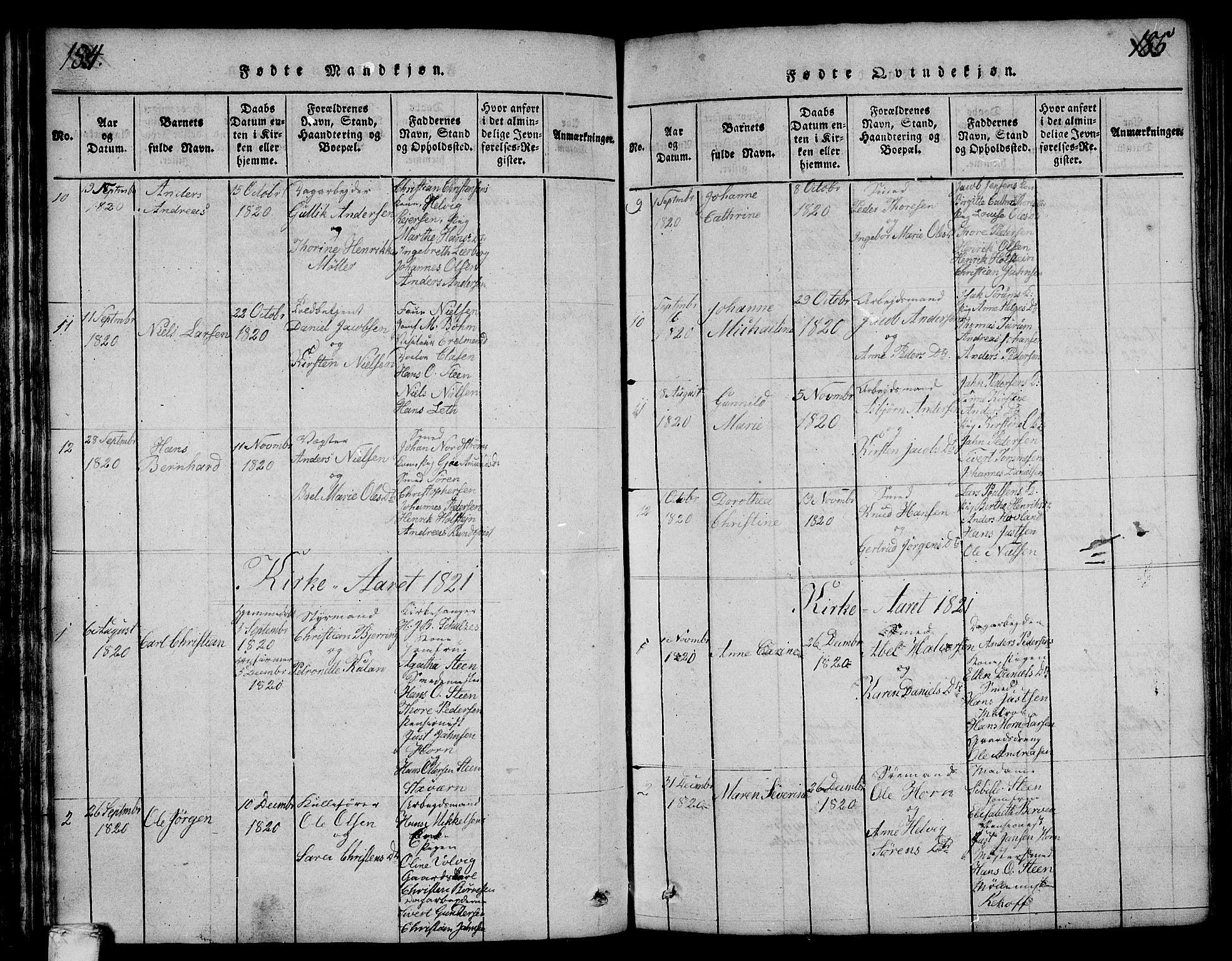 Larvik kirkebøker, AV/SAKO-A-352/F/Fa/L0001: Parish register (official) no. I 1, 1814-1825, p. 184-185