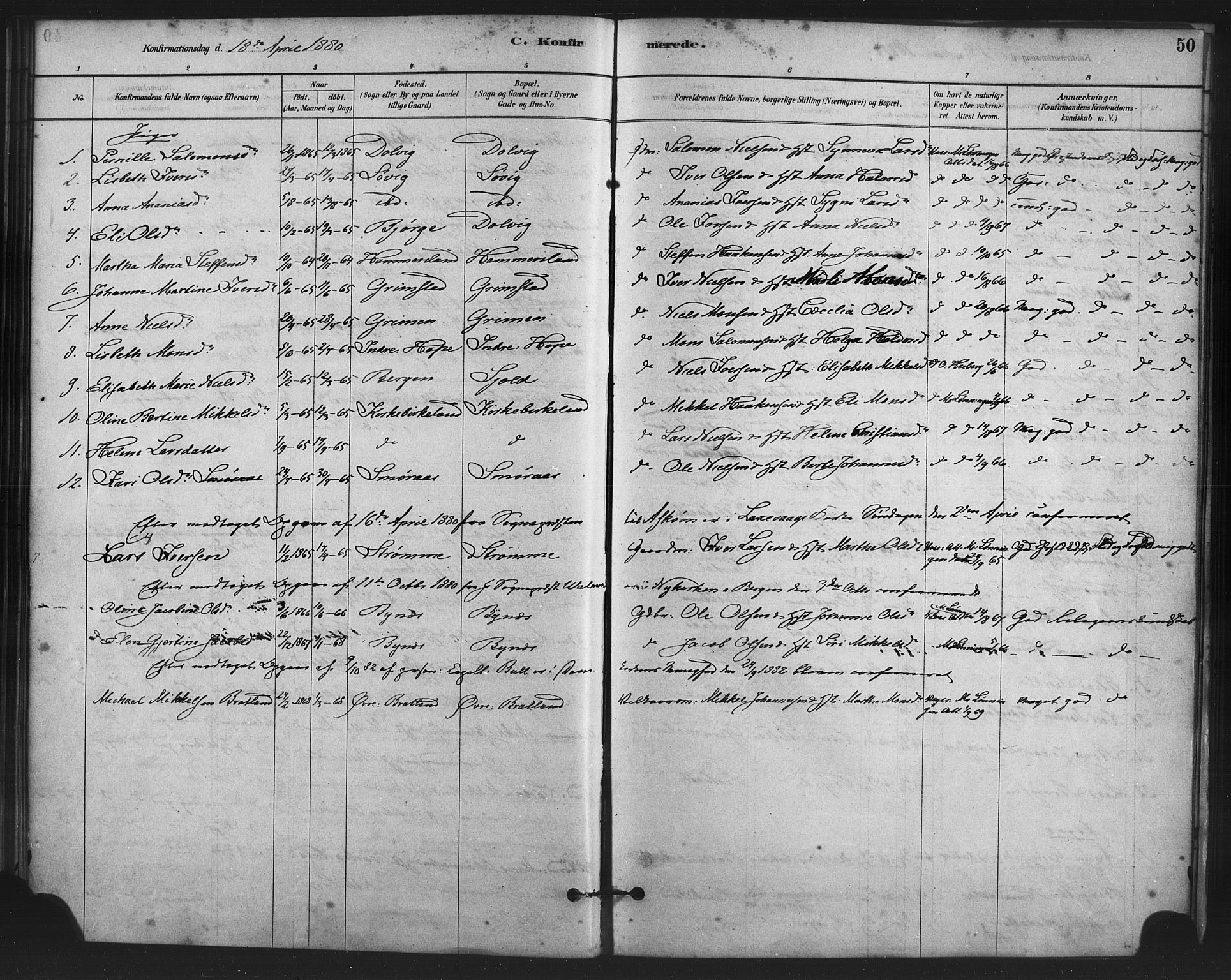 Fana Sokneprestembete, AV/SAB-A-75101/H/Haa/Haai/L0001: Parish register (official) no. I 1, 1878-1888, p. 50