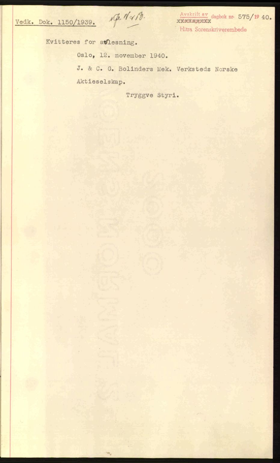 Hitra sorenskriveri, AV/SAT-A-0018/2/2C/2Ca: Mortgage book no. B1, 1939-1949, Diary no: : 1150/1939